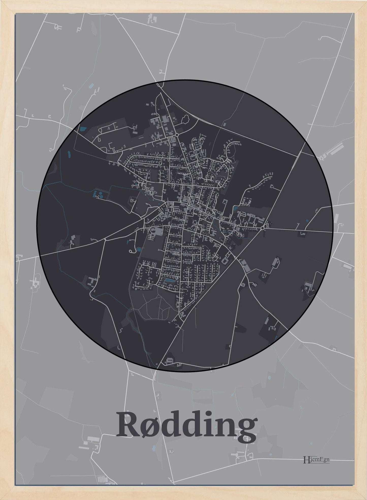 Rødding plakat i farve mørk brun og HjemEgn.dk design centrum. Design bykort for Rødding
