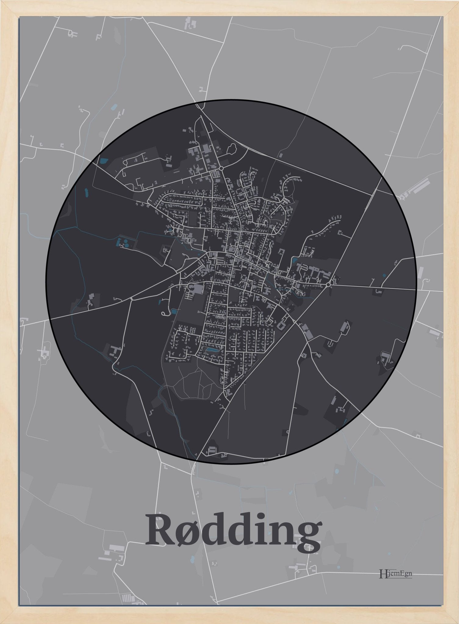 Rødding plakat i farve mørk brun og HjemEgn.dk design centrum. Design bykort for Rødding