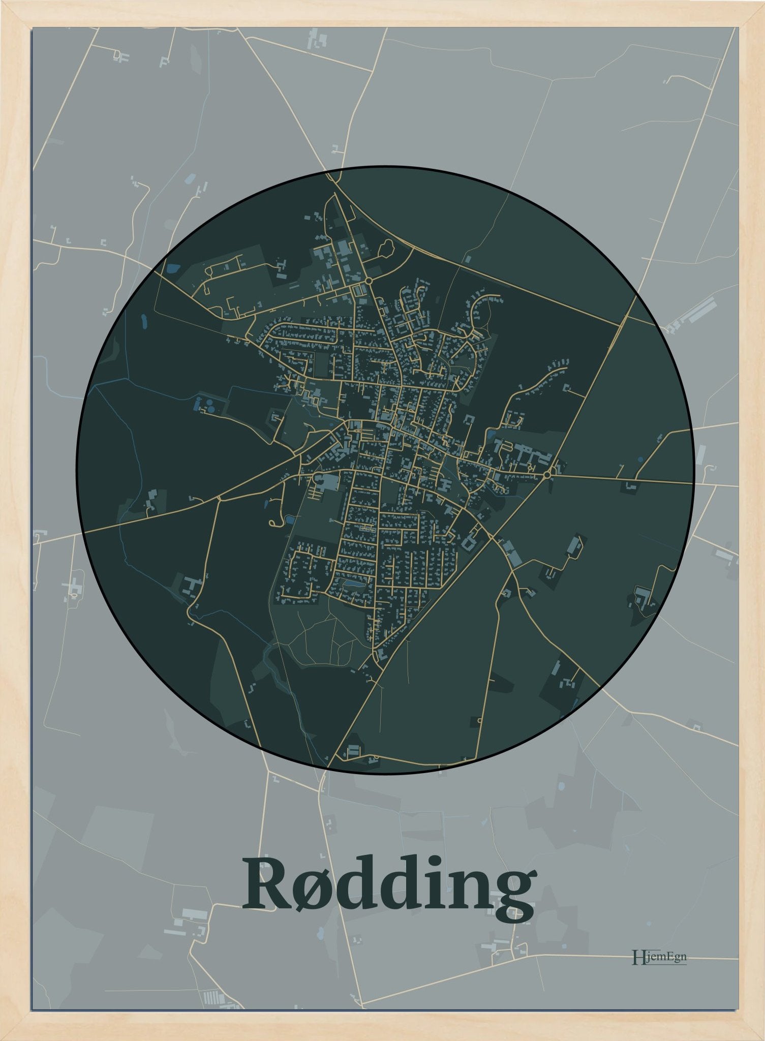 Rødding plakat i farve mørk grøn og HjemEgn.dk design centrum. Design bykort for Rødding