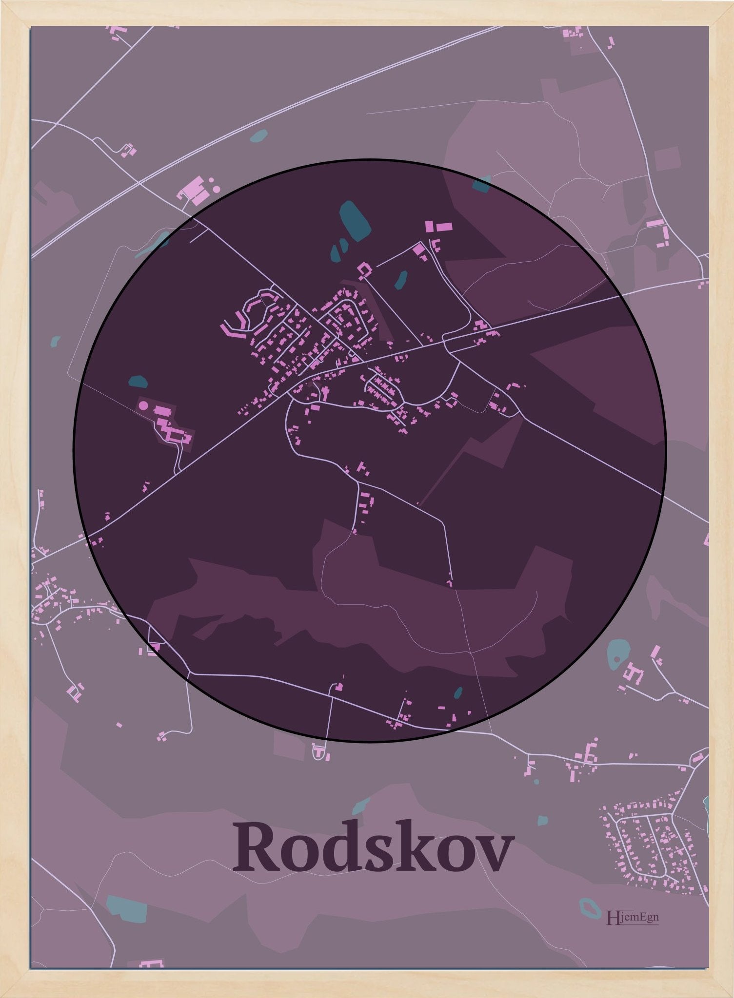 Rodskov plakat i farve mørk rød og HjemEgn.dk design centrum. Design bykort for Rodskov