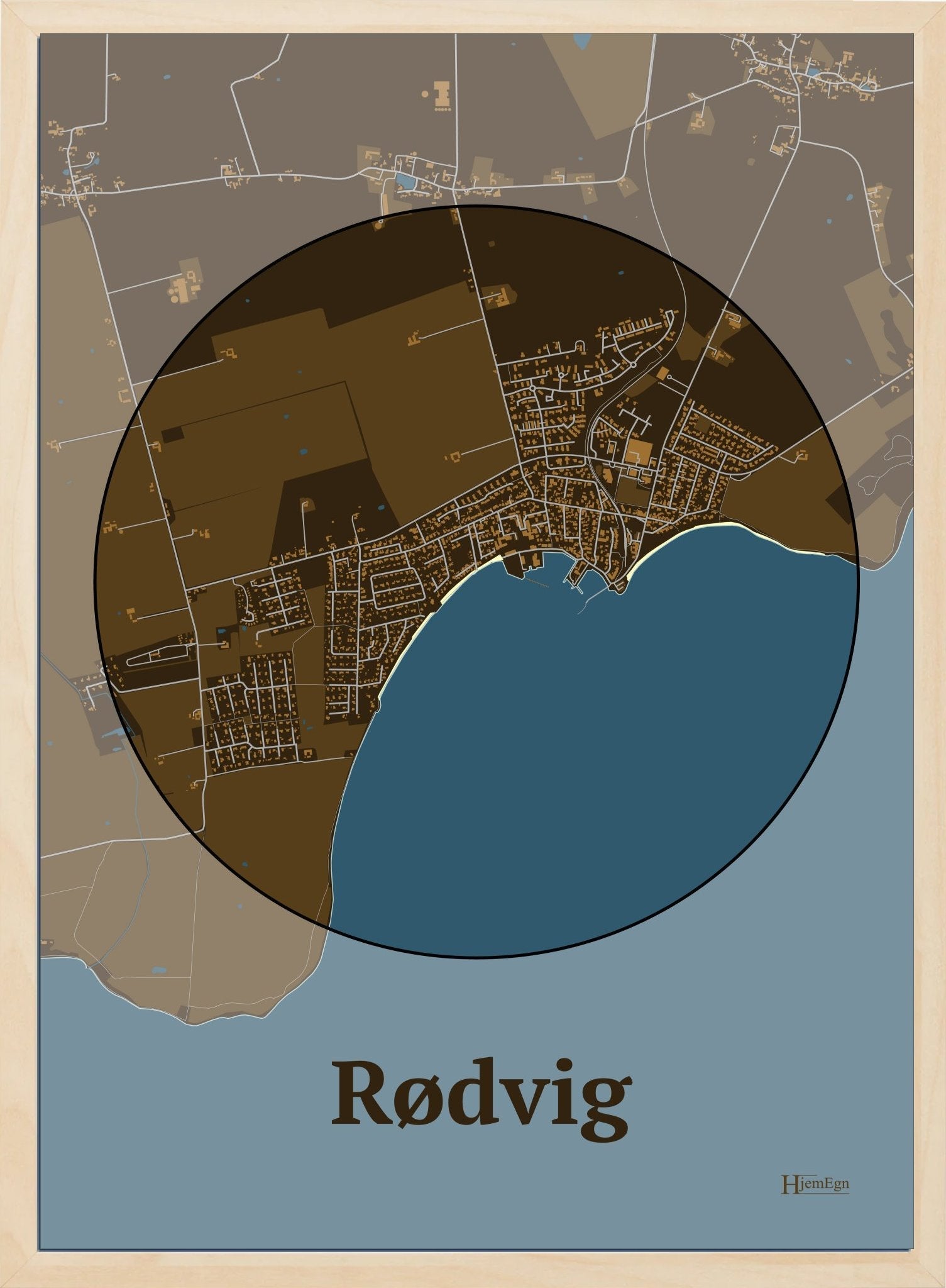 Rødvig plakat i farve mørk brun og HjemEgn.dk design centrum. Design bykort for Rødvig