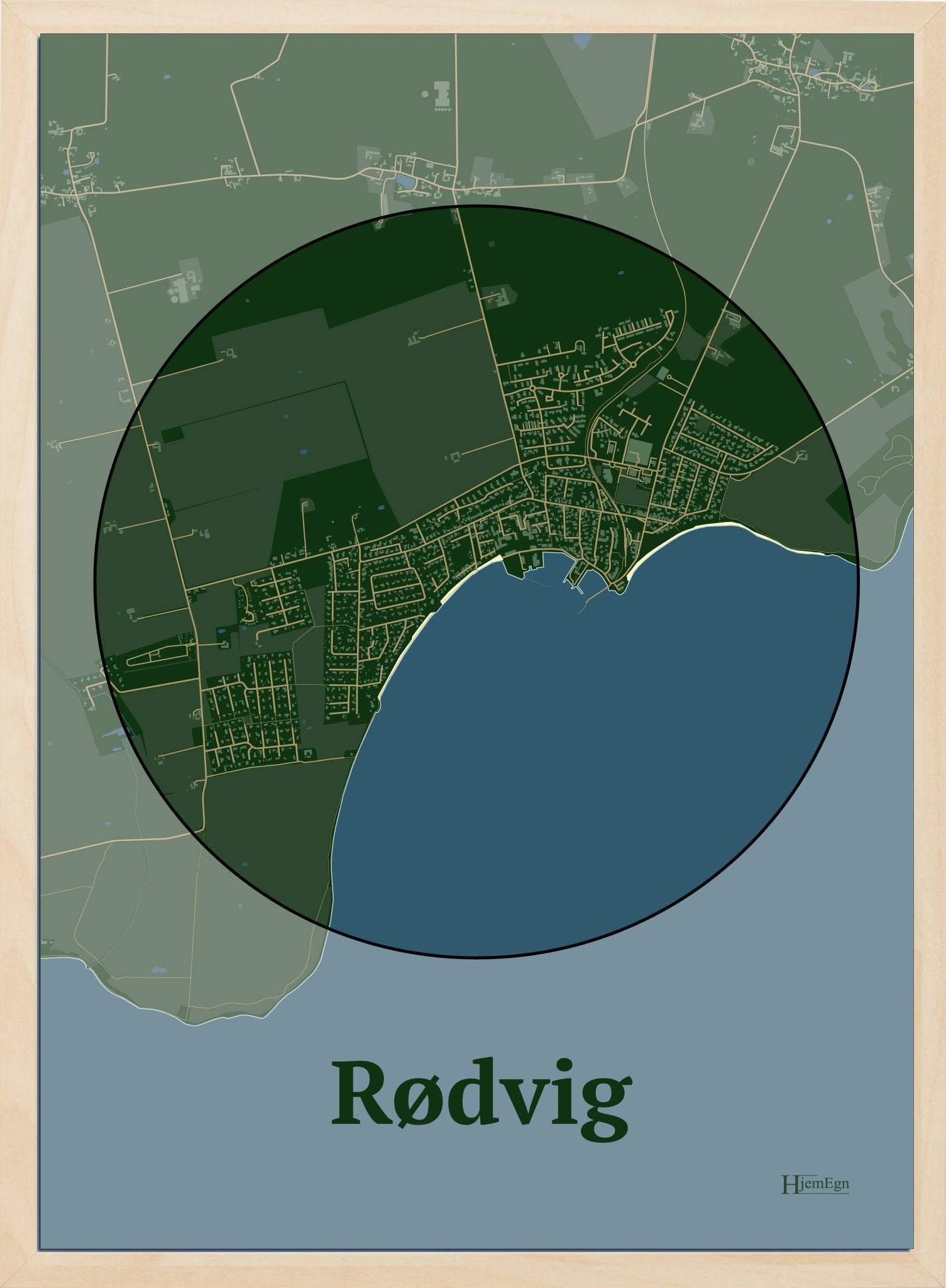 Rødvig plakat i farve mørk grøn og HjemEgn.dk design centrum. Design bykort for Rødvig