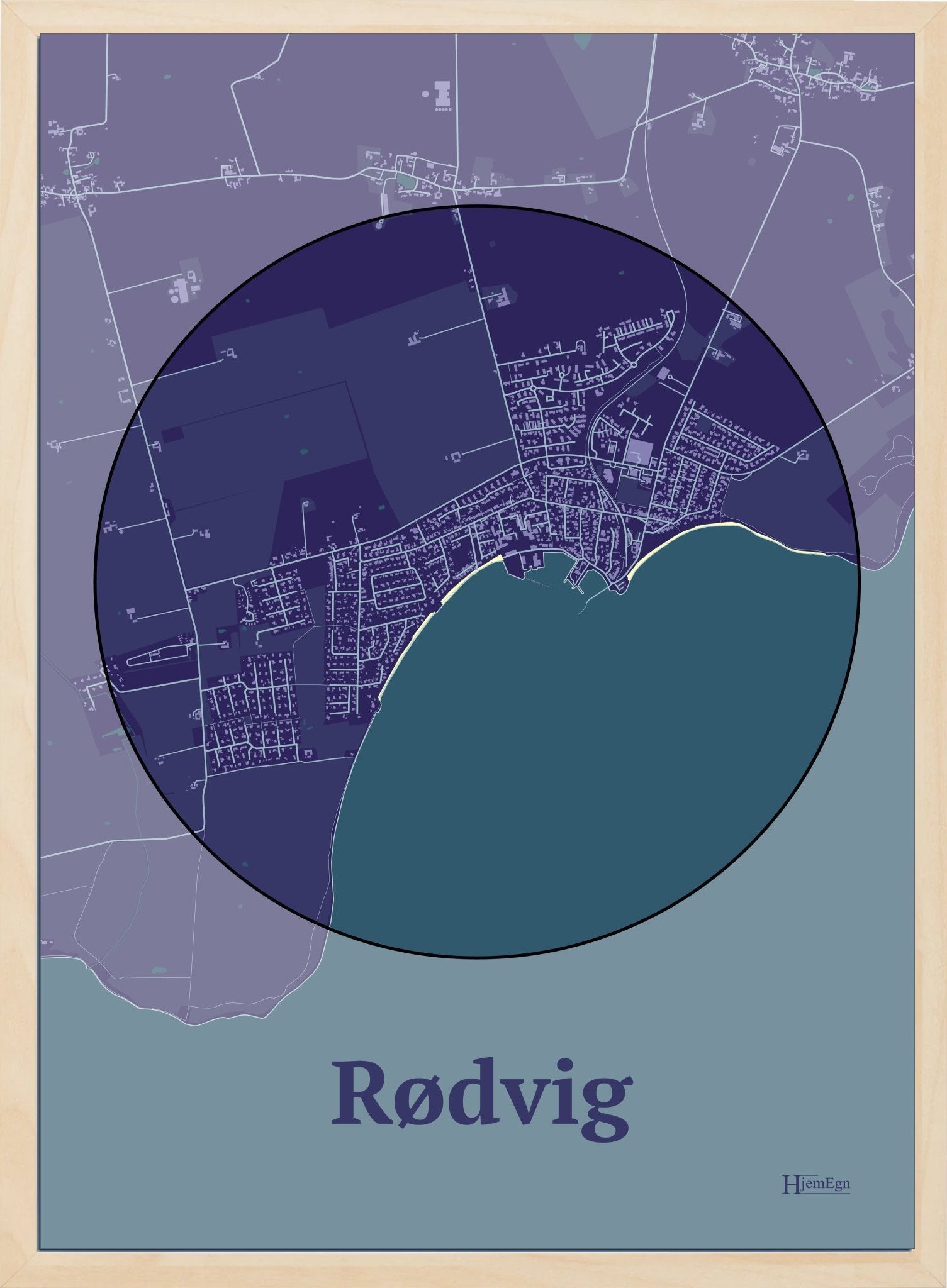 Rødvig plakat i farve mørk lilla og HjemEgn.dk design centrum. Design bykort for Rødvig