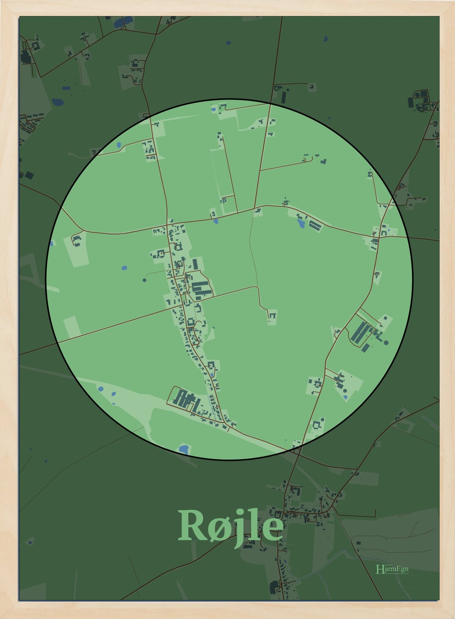 Røjle plakat i farve pastel grøn og HjemEgn.dk design centrum. Design bykort for Røjle