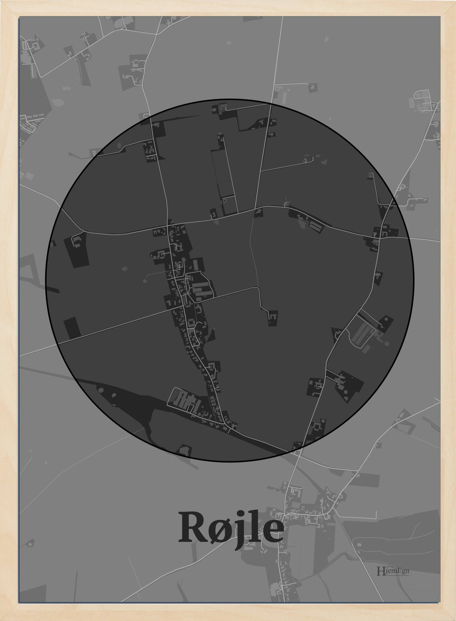 Røjle plakat i farve mørk grå og HjemEgn.dk design centrum. Design bykort for Røjle