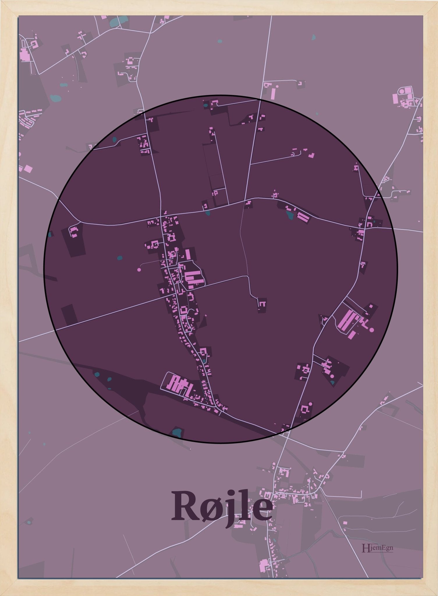 Røjle plakat i farve mørk rød og HjemEgn.dk design centrum. Design bykort for Røjle