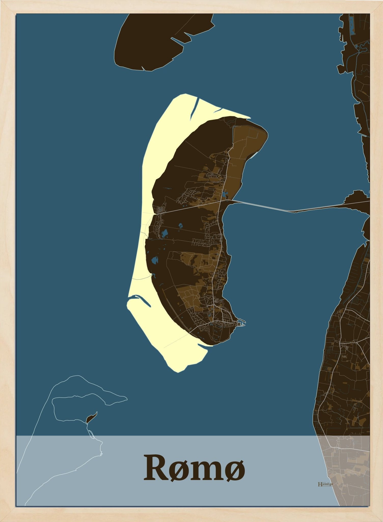 Rømø plakat i farve mørk brun og HjemEgn.dk design firkantet. Design ø-kort for Rømø