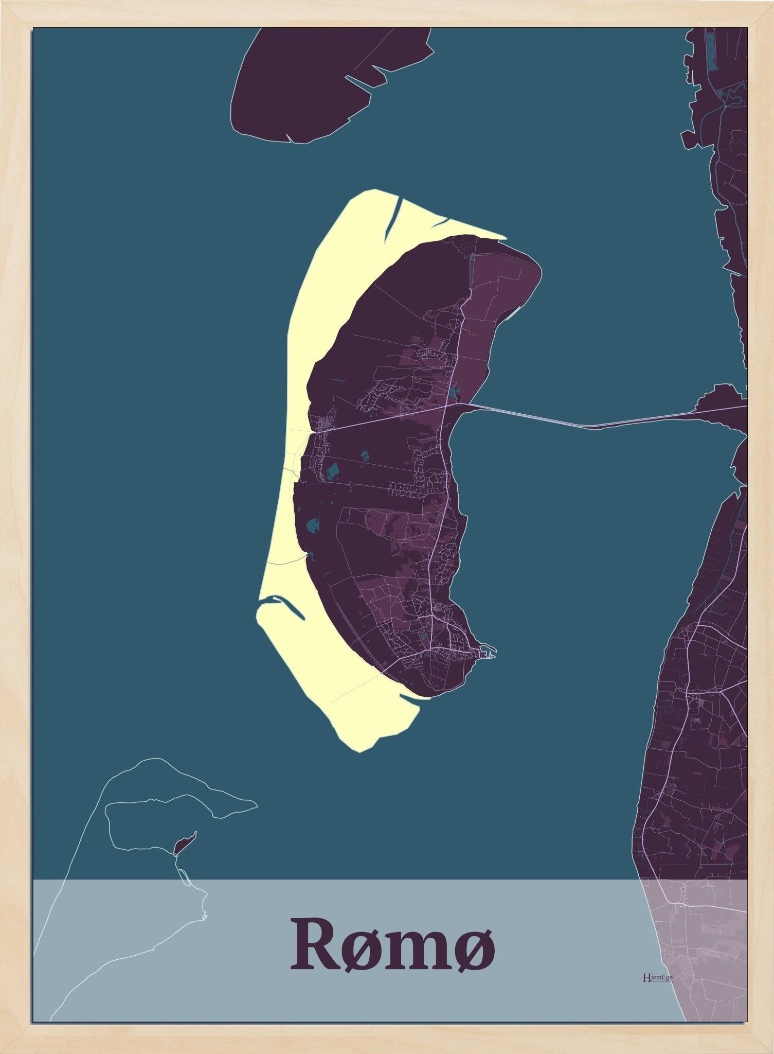 Rømø plakat i farve mørk rød og HjemEgn.dk design firkantet. Design ø-kort for Rømø