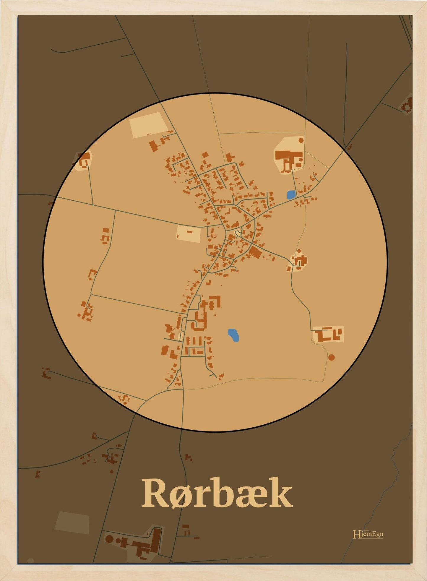 Rørbæk plakat i farve pastel brun og HjemEgn.dk design centrum. Design bykort for Rørbæk