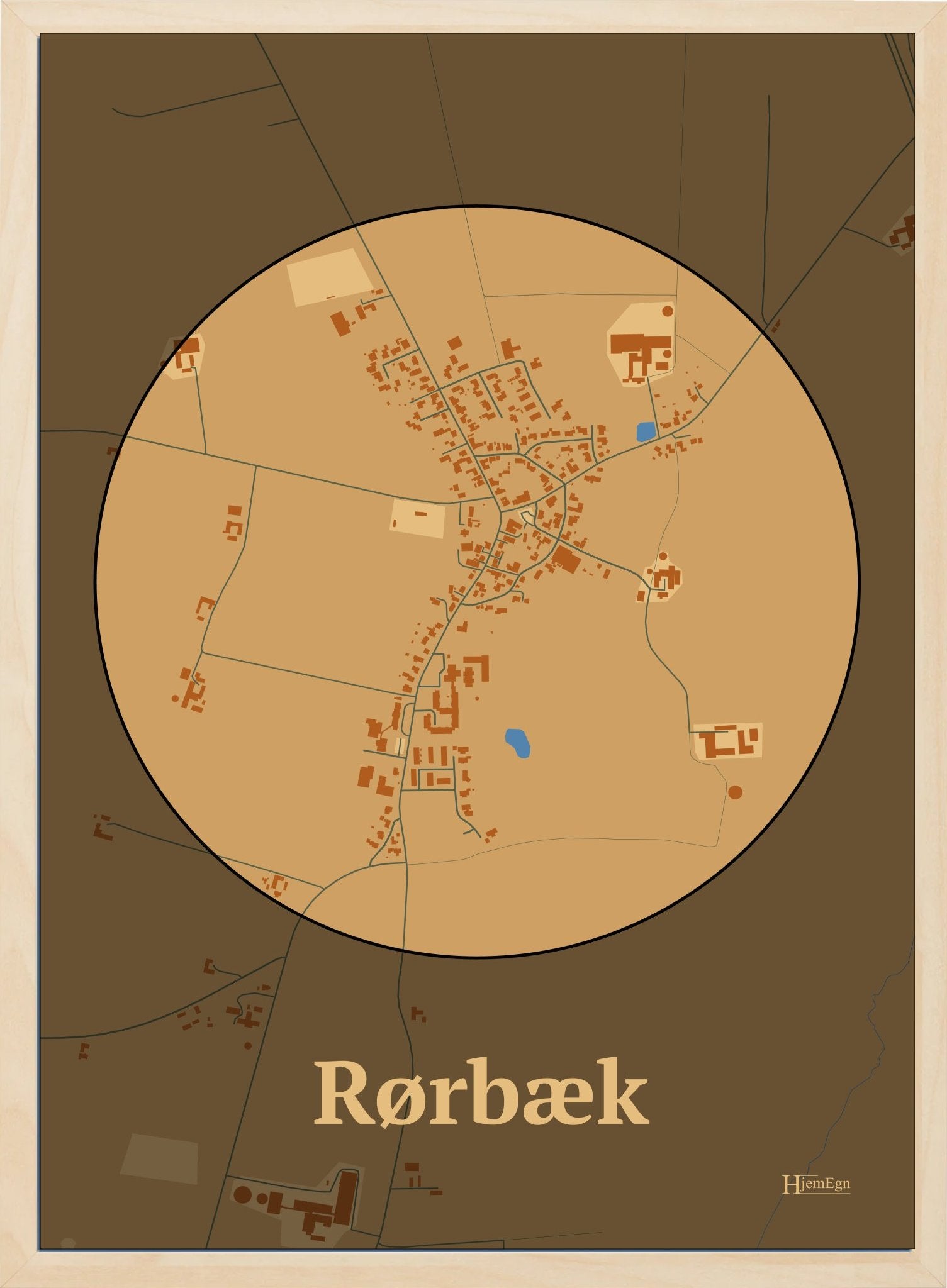 Rørbæk plakat i farve pastel brun og HjemEgn.dk design centrum. Design bykort for Rørbæk