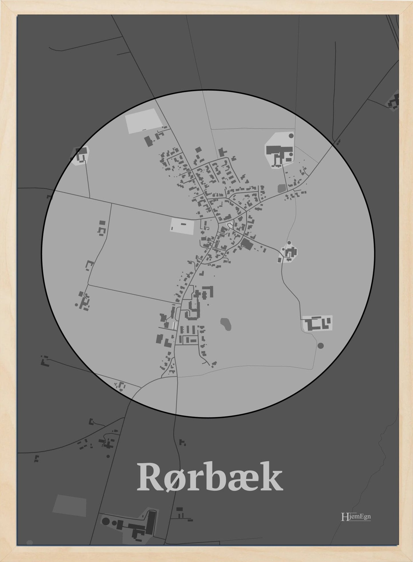 Rørbæk plakat i farve pastel grå og HjemEgn.dk design centrum. Design bykort for Rørbæk