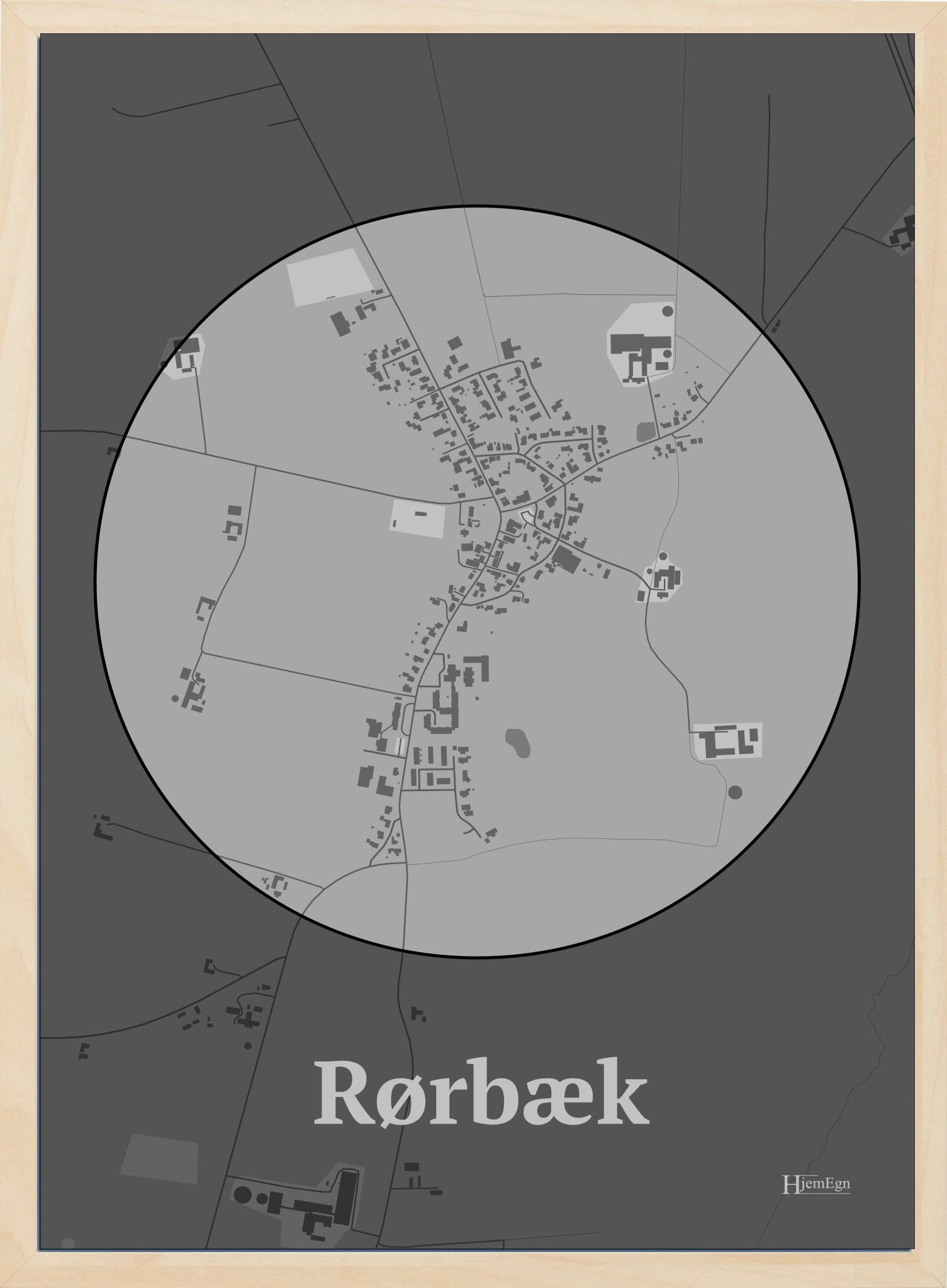 Rørbæk plakat i farve pastel grå og HjemEgn.dk design centrum. Design bykort for Rørbæk