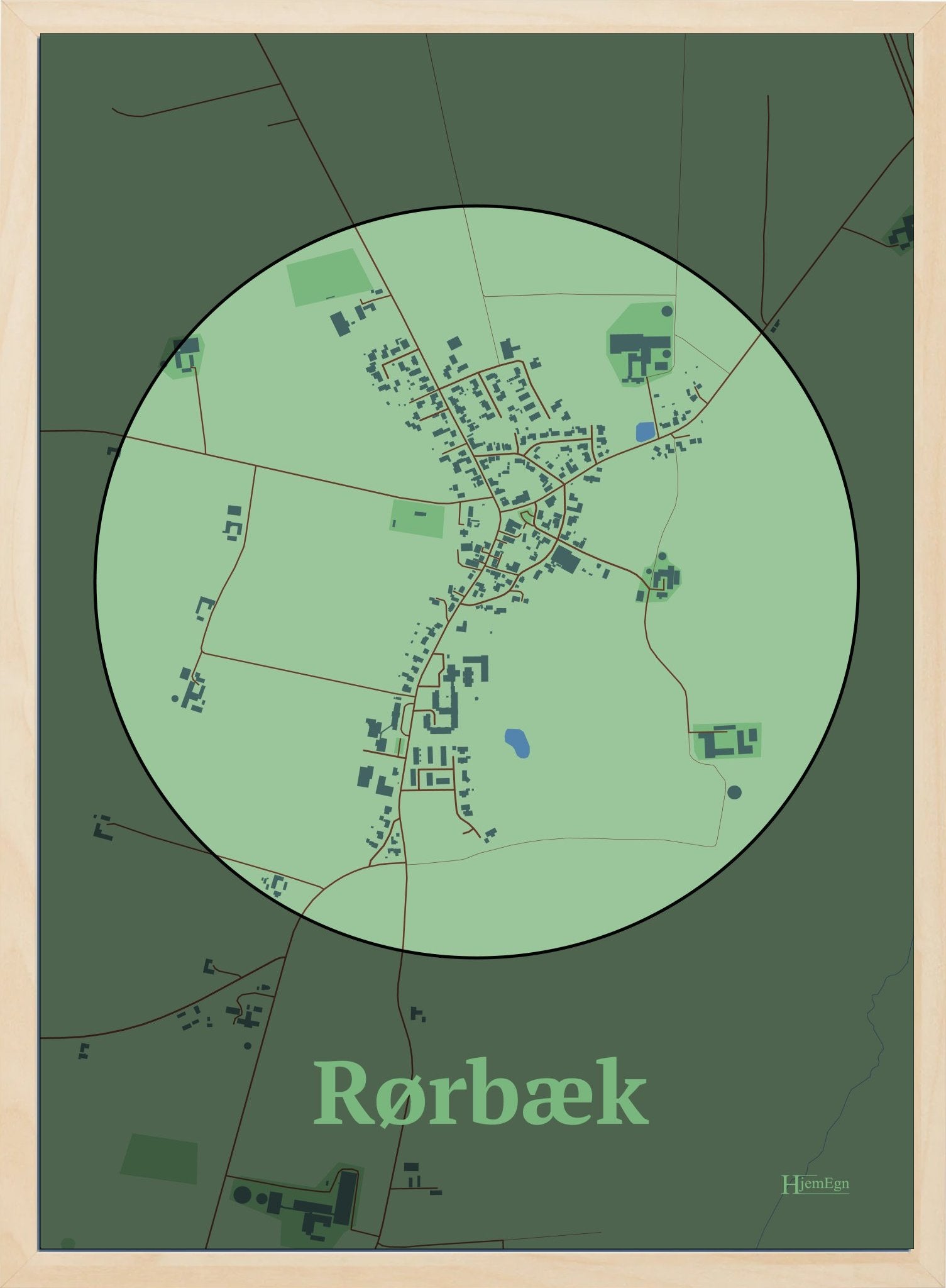 Rørbæk plakat i farve pastel grøn og HjemEgn.dk design centrum. Design bykort for Rørbæk