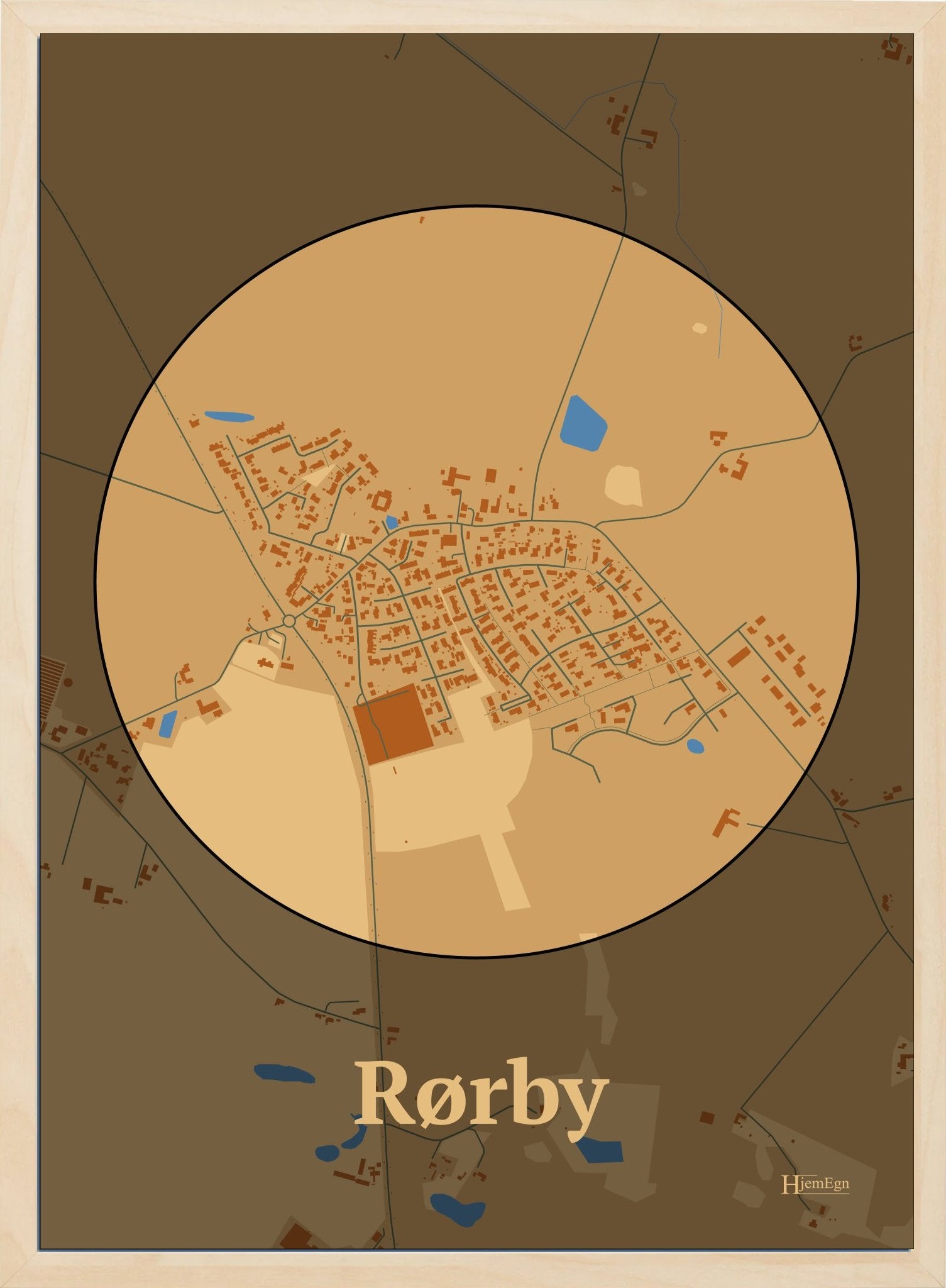 Rørby plakat i farve pastel brun og HjemEgn.dk design centrum. Design bykort for Rørby