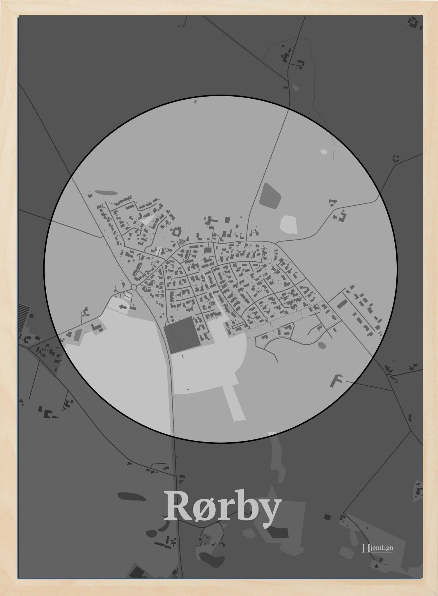 Rørby plakat i farve pastel grå og HjemEgn.dk design centrum. Design bykort for Rørby