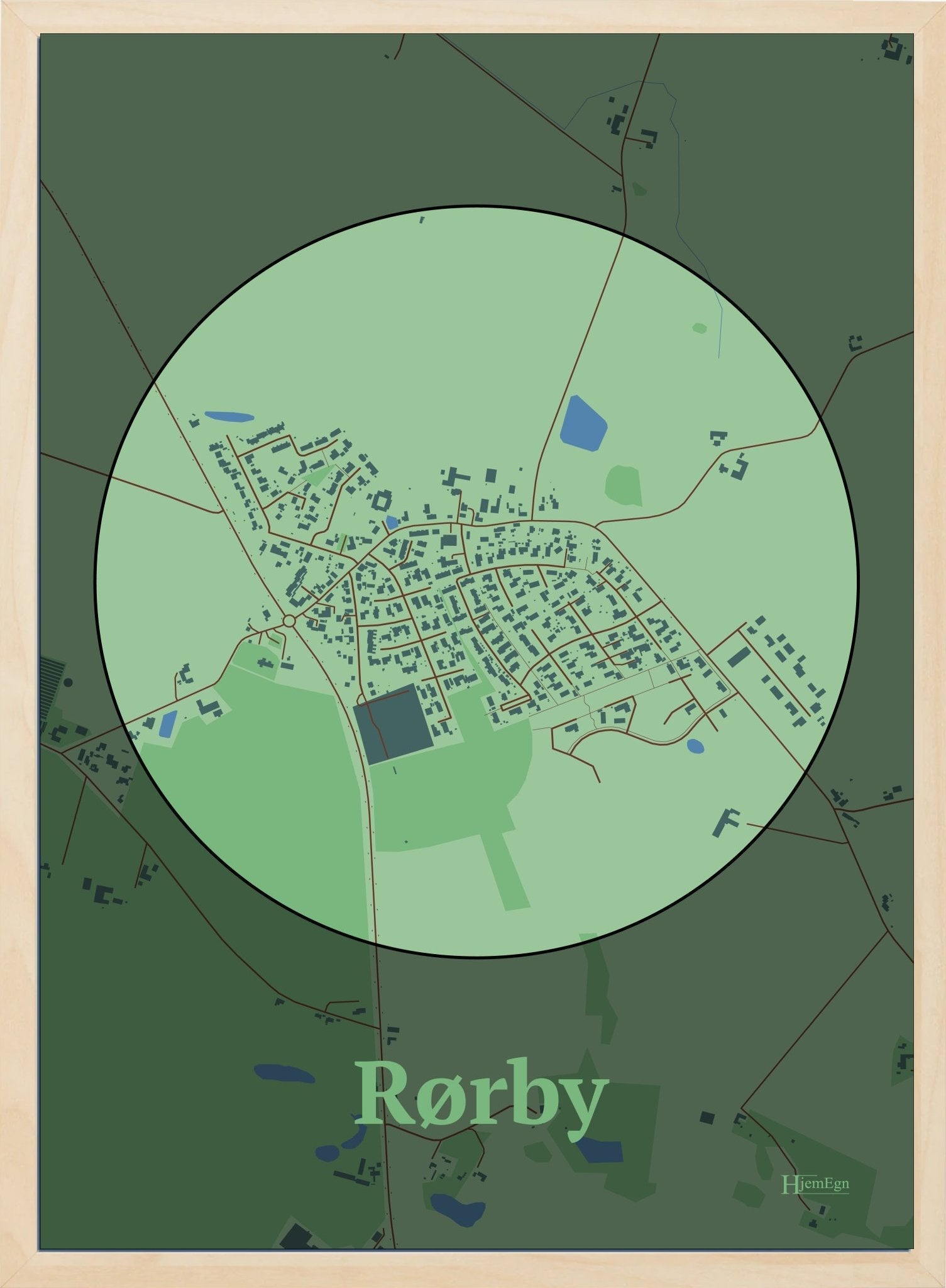 Rørby plakat i farve pastel grøn og HjemEgn.dk design centrum. Design bykort for Rørby