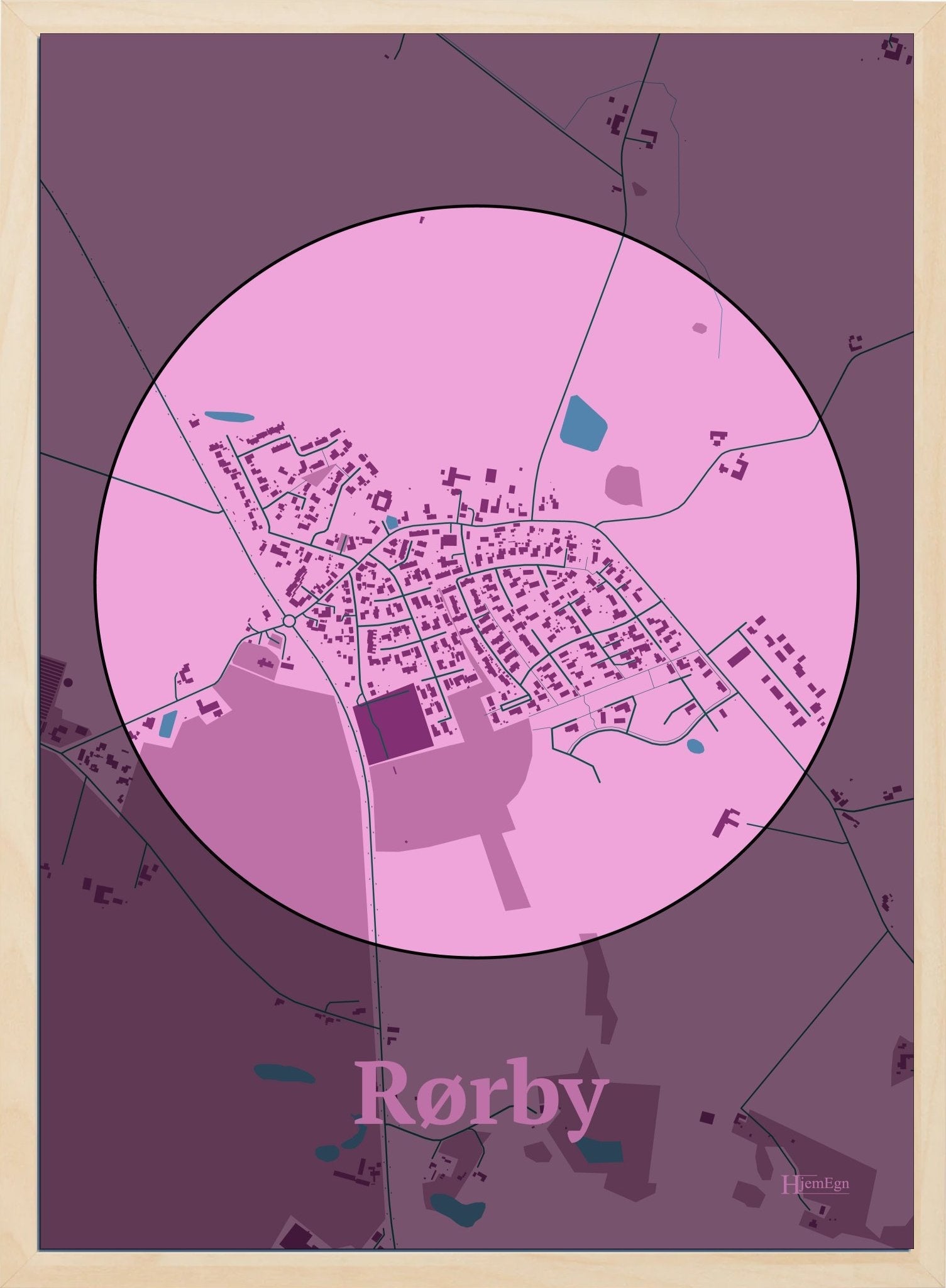 Rørby plakat i farve pastel rød og HjemEgn.dk design centrum. Design bykort for Rørby