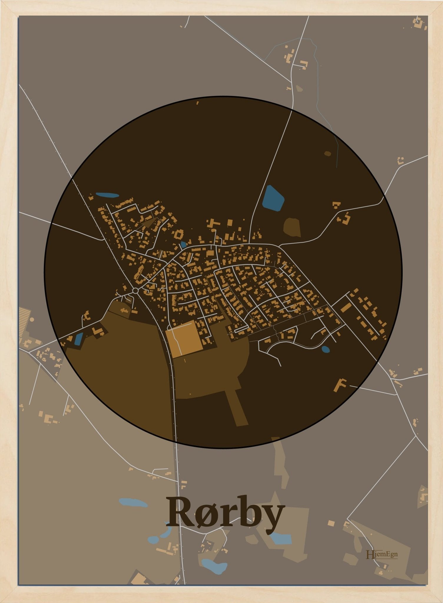 Rørby plakat i farve mørk brun og HjemEgn.dk design centrum. Design bykort for Rørby
