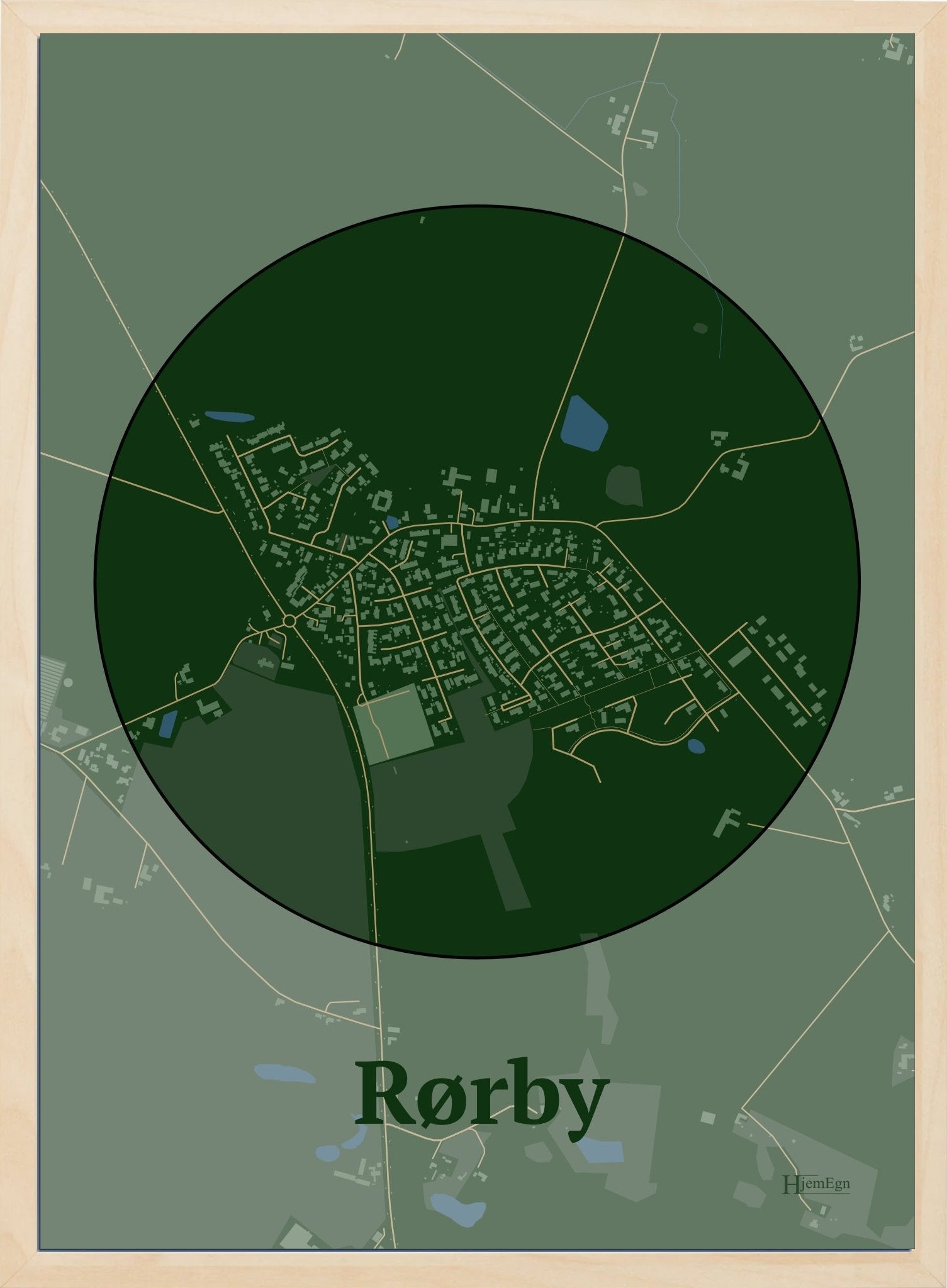 Rørby plakat i farve mørk grøn og HjemEgn.dk design centrum. Design bykort for Rørby