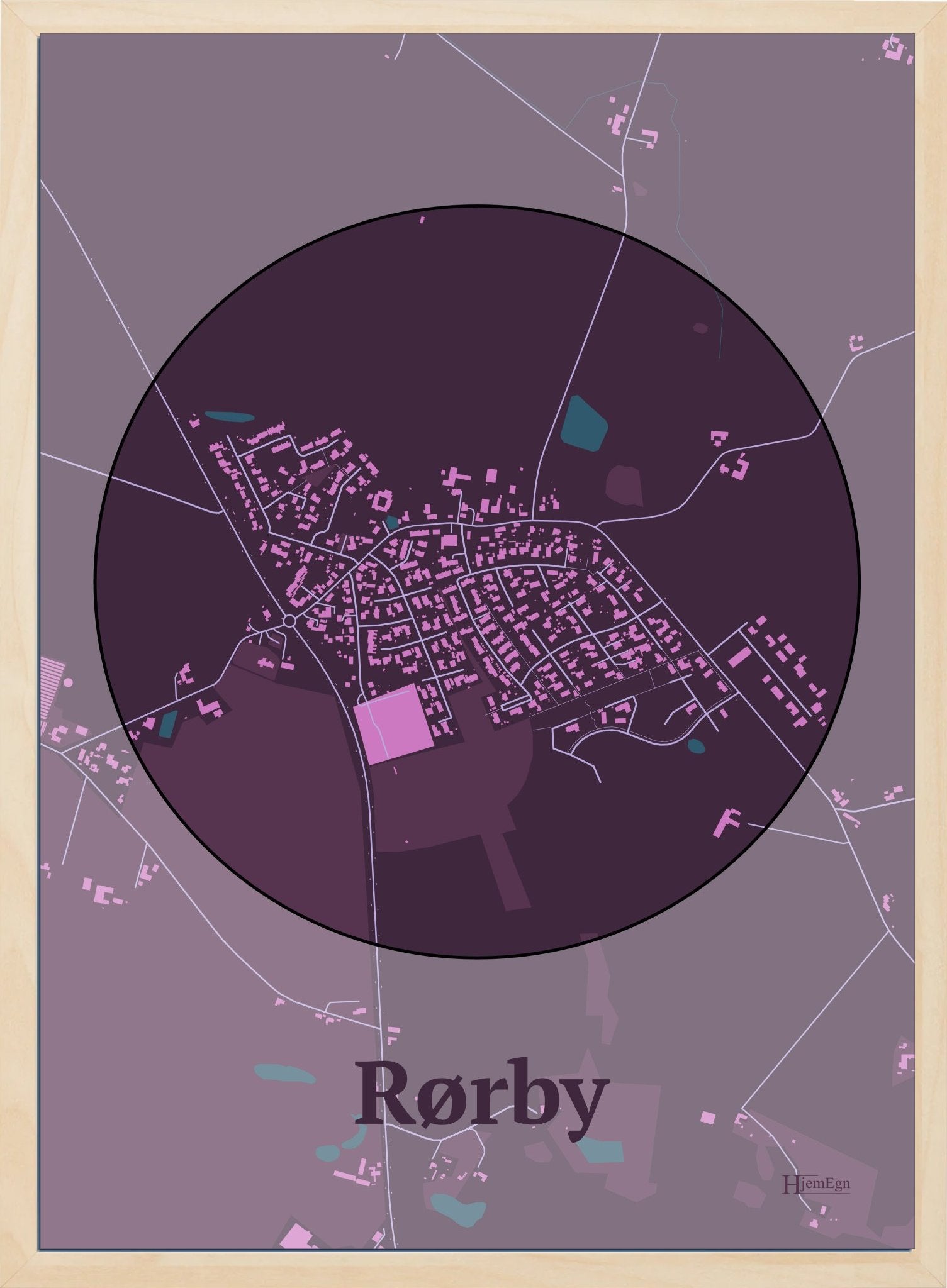 Rørby plakat i farve mørk rød og HjemEgn.dk design centrum. Design bykort for Rørby