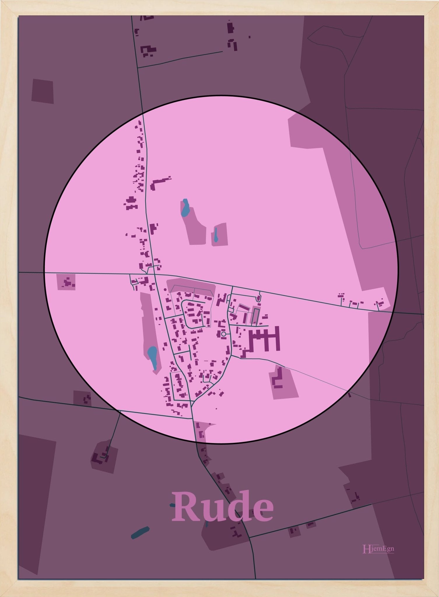 Rude plakat i farve pastel rød og HjemEgn.dk design centrum. Design bykort for Rude