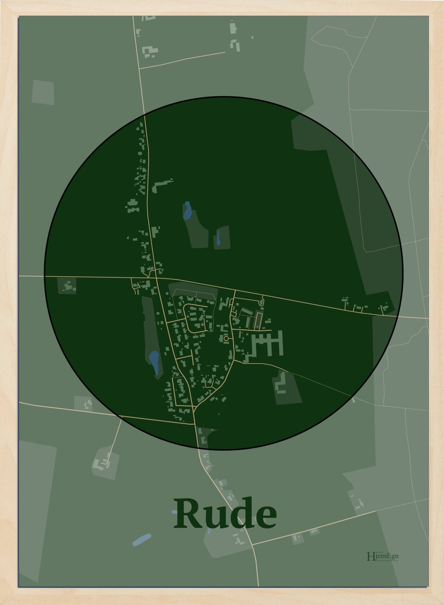 Rude plakat i farve mørk grøn og HjemEgn.dk design centrum. Design bykort for Rude