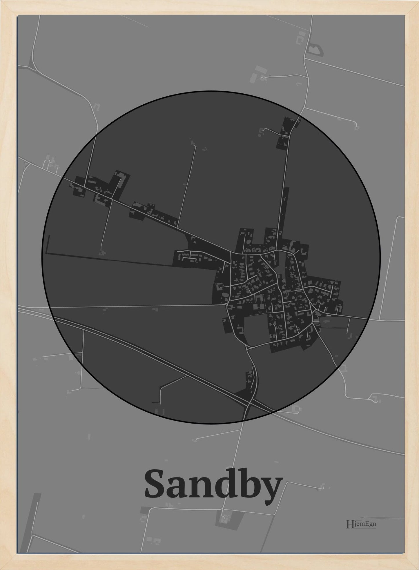 Sandby plakat i farve mørk grå og HjemEgn.dk design centrum. Design bykort for Sandby