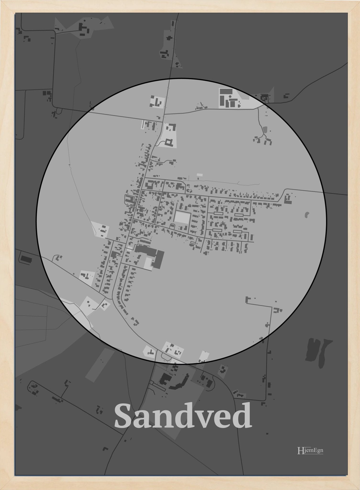 Sandved plakat i farve pastel grå og HjemEgn.dk design centrum. Design bykort for Sandved