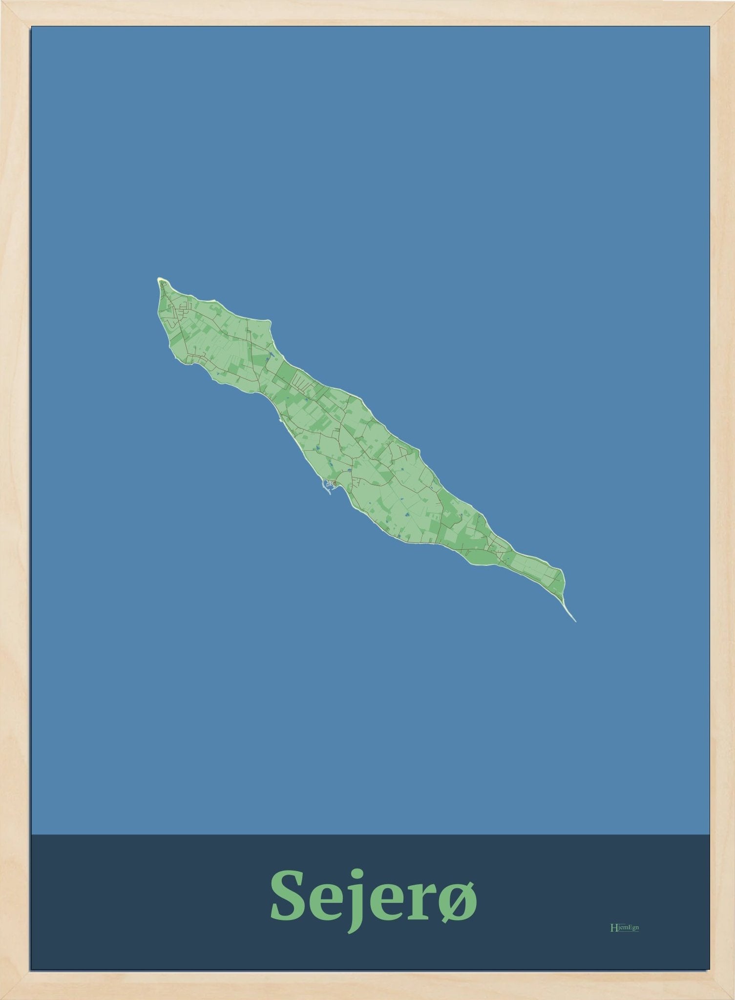 Sejerø plakat i farve pastel grøn og HjemEgn.dk design firkantet. Design ø-kort for Sejerø