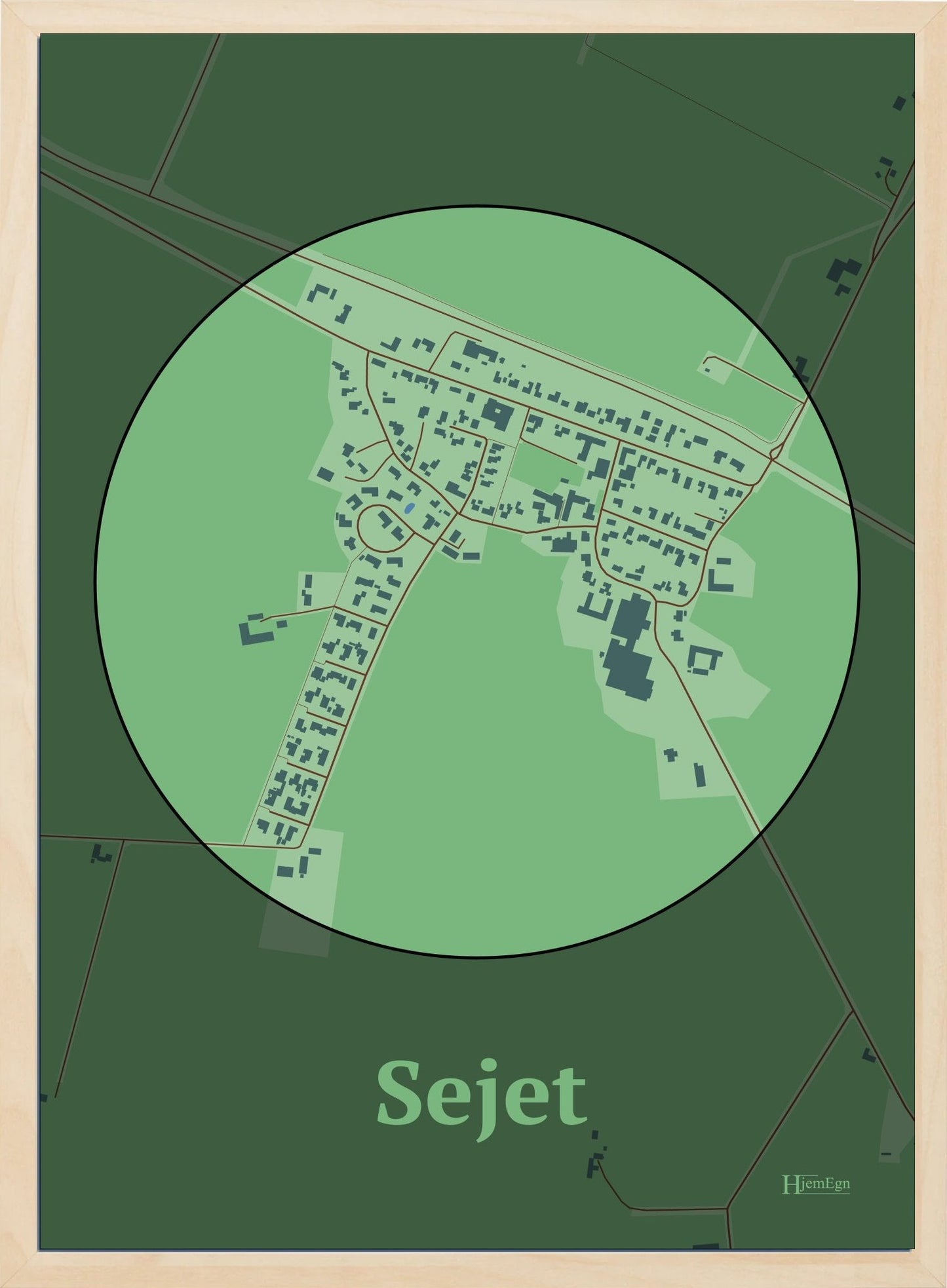 Sejet plakat i farve pastel grøn og HjemEgn.dk design centrum. Design bykort for Sejet