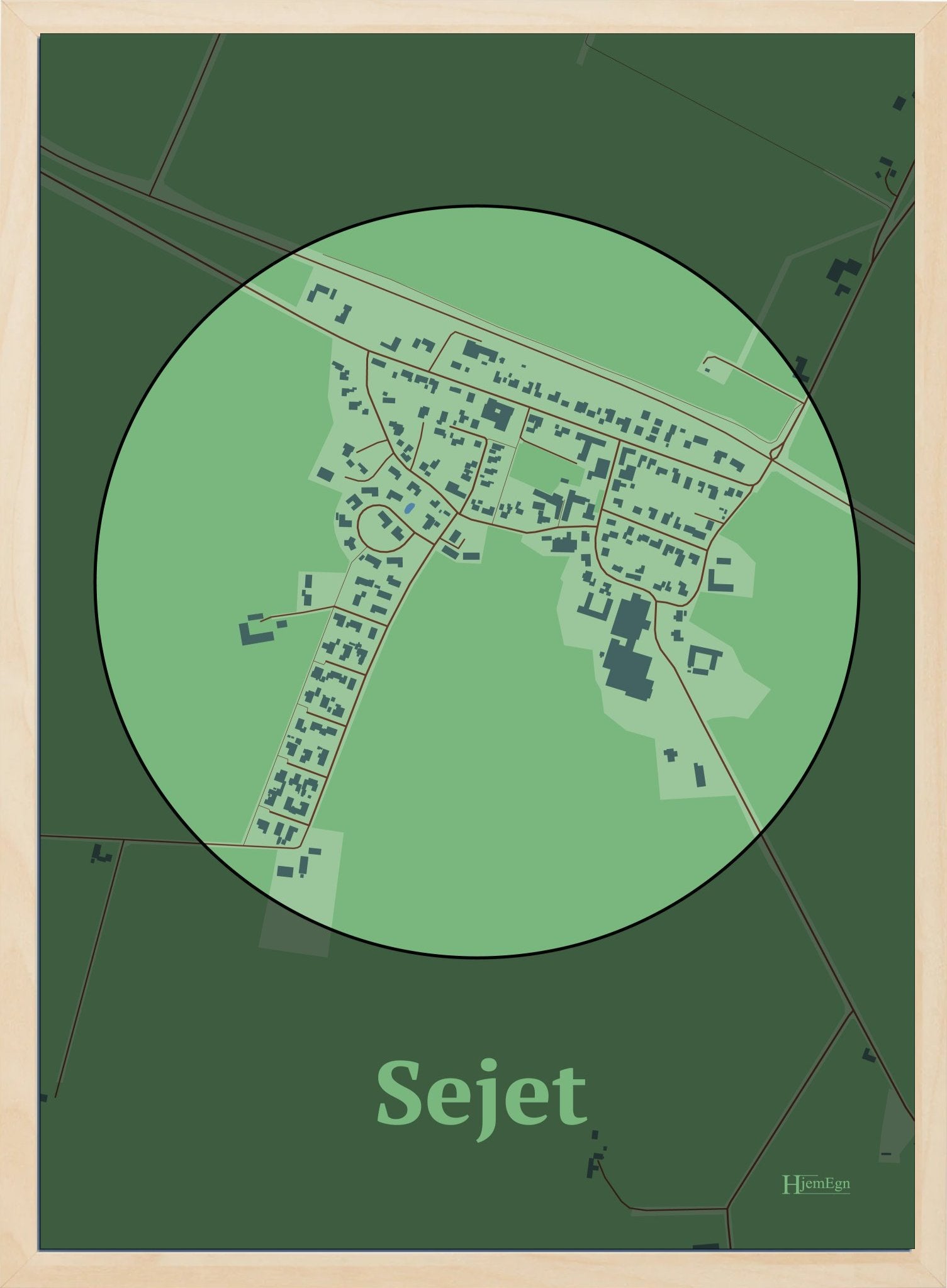Sejet plakat i farve pastel grøn og HjemEgn.dk design centrum. Design bykort for Sejet