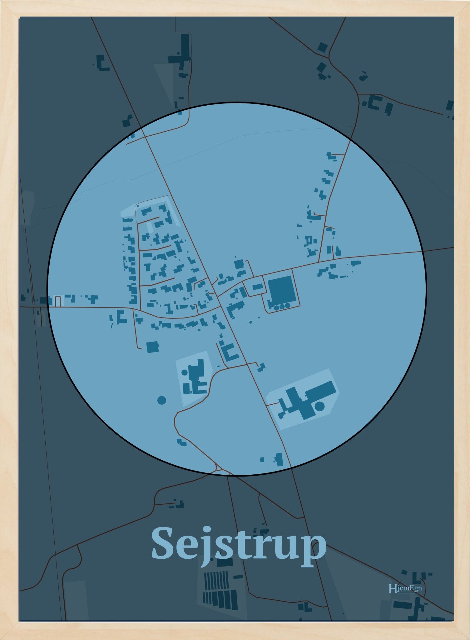 Sejstrup plakat i farve pastel blå og HjemEgn.dk design centrum. Design bykort for Sejstrup