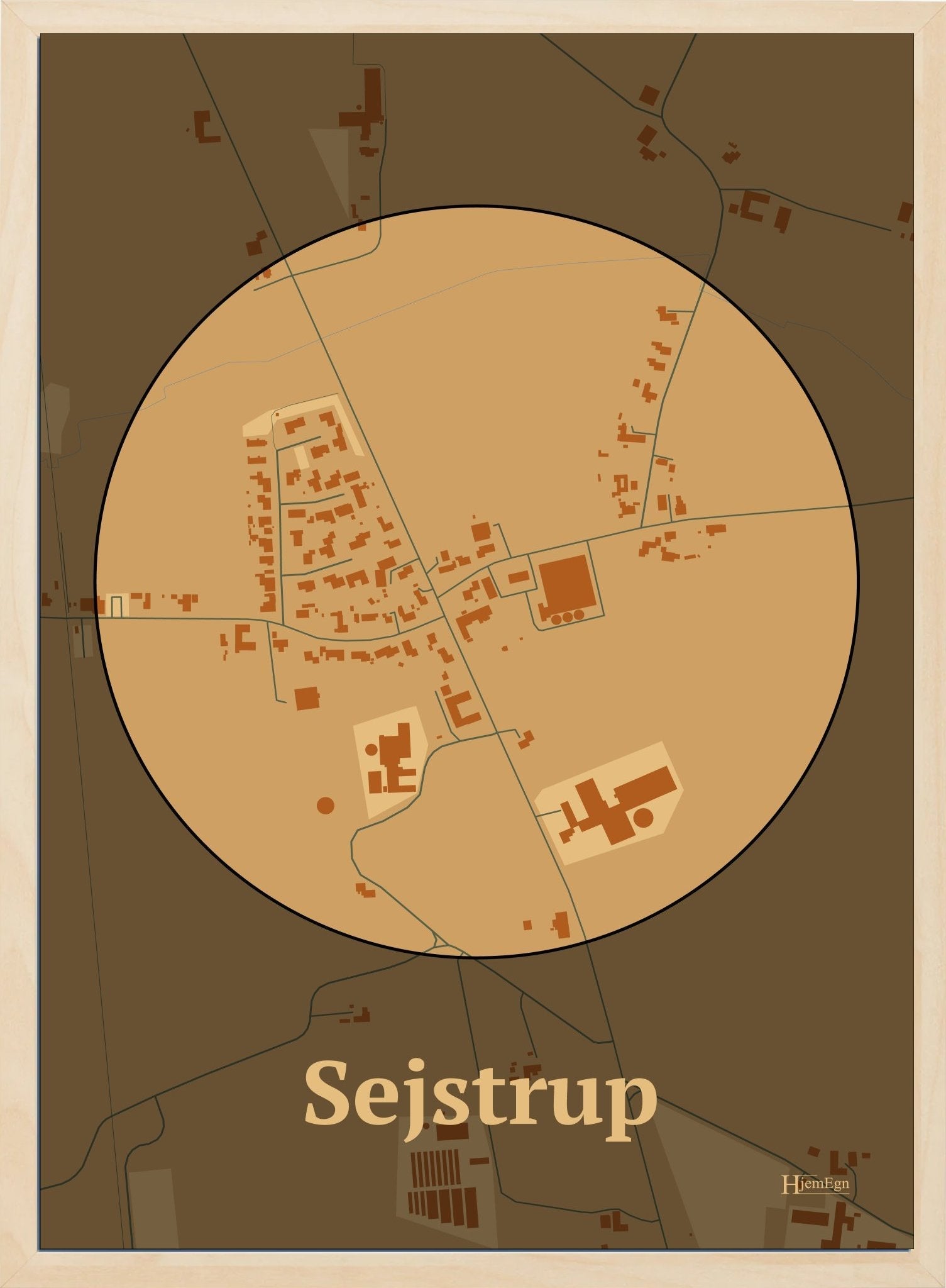Sejstrup plakat i farve pastel brun og HjemEgn.dk design centrum. Design bykort for Sejstrup