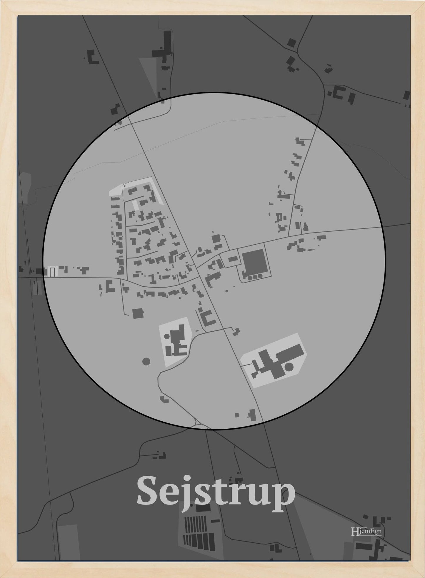 Sejstrup plakat i farve pastel grå og HjemEgn.dk design centrum. Design bykort for Sejstrup
