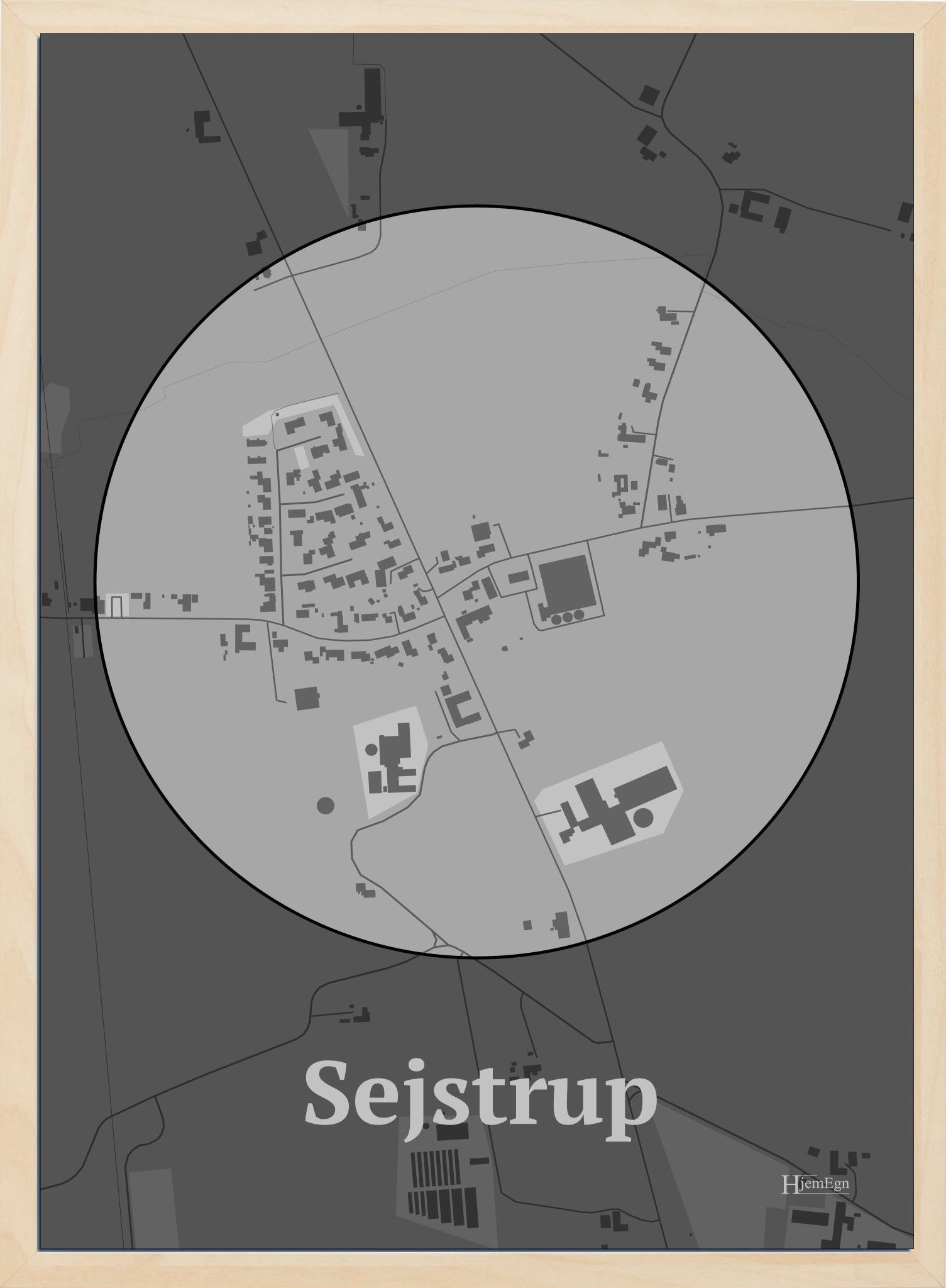 Sejstrup plakat i farve pastel grå og HjemEgn.dk design centrum. Design bykort for Sejstrup