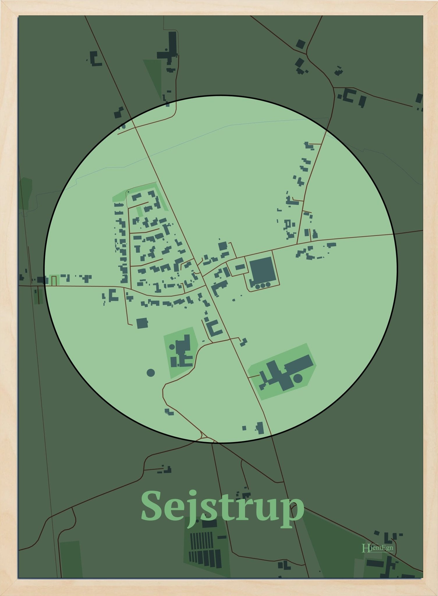 Sejstrup plakat i farve pastel grøn og HjemEgn.dk design centrum. Design bykort for Sejstrup