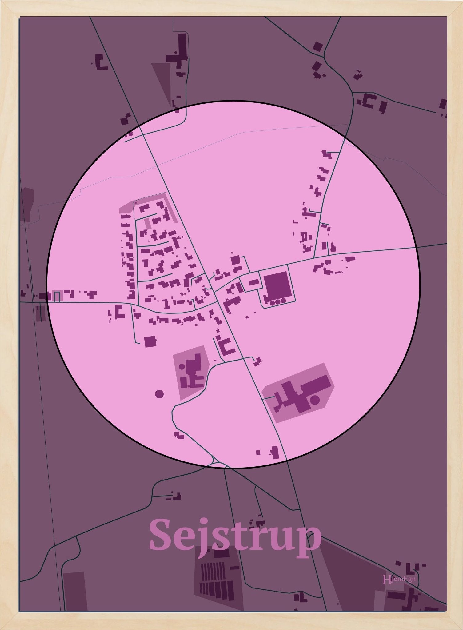 Sejstrup plakat i farve pastel rød og HjemEgn.dk design centrum. Design bykort for Sejstrup