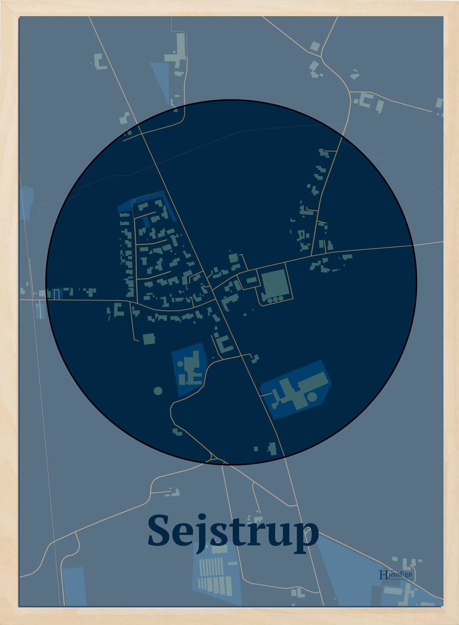 Sejstrup plakat i farve mørk blå og HjemEgn.dk design centrum. Design bykort for Sejstrup