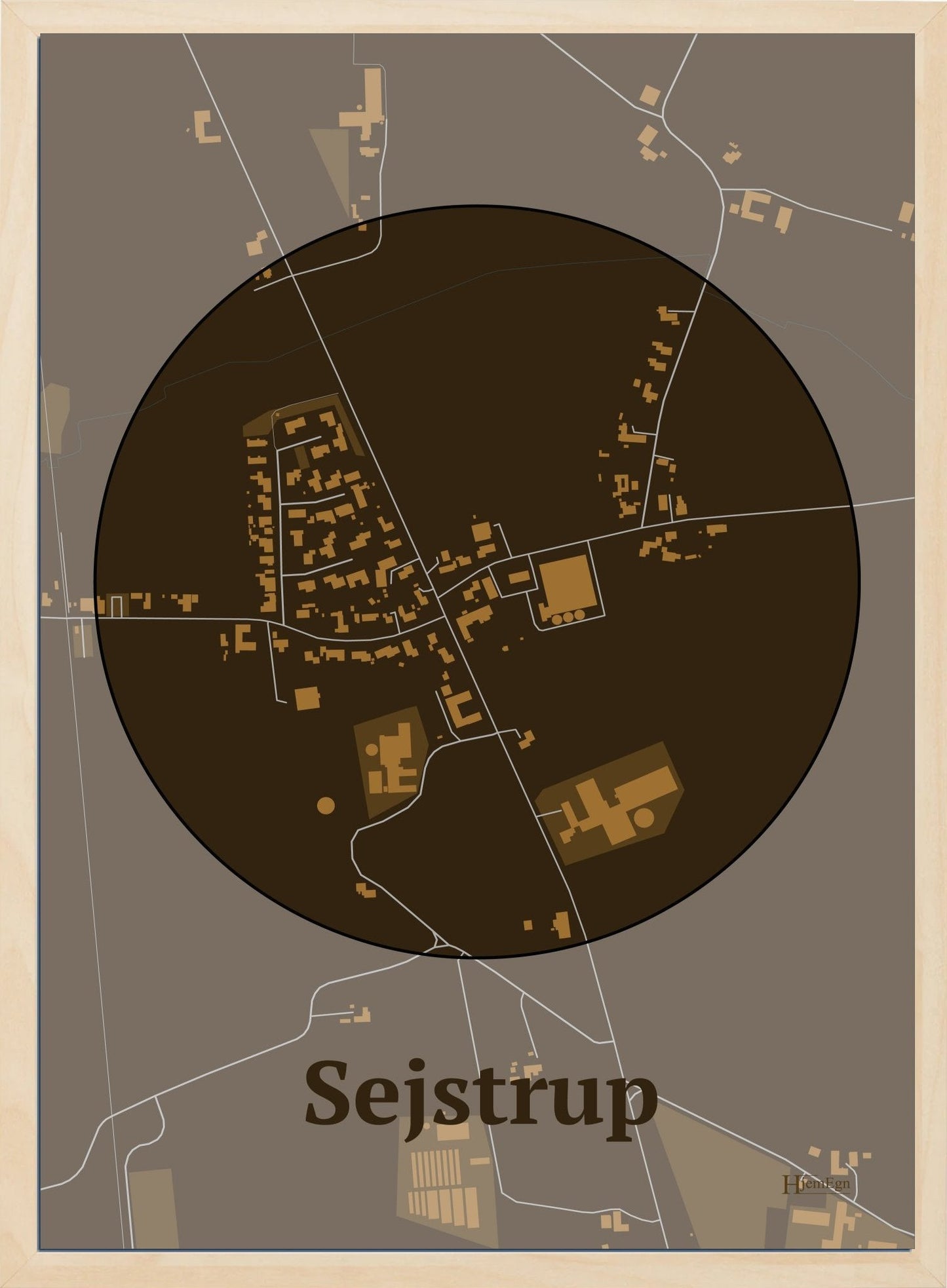 Sejstrup plakat i farve mørk brun og HjemEgn.dk design centrum. Design bykort for Sejstrup