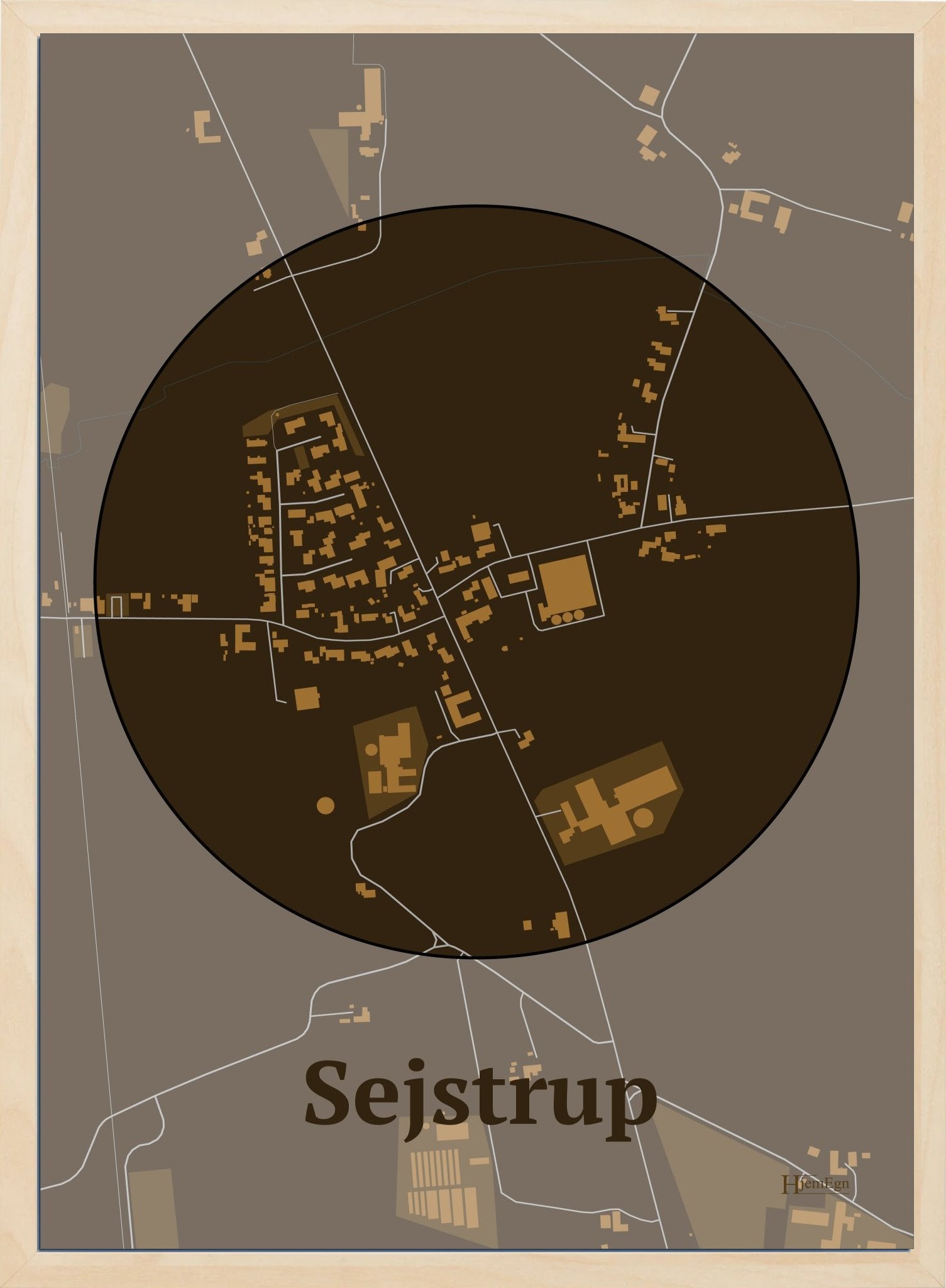 Sejstrup plakat i farve mørk brun og HjemEgn.dk design centrum. Design bykort for Sejstrup