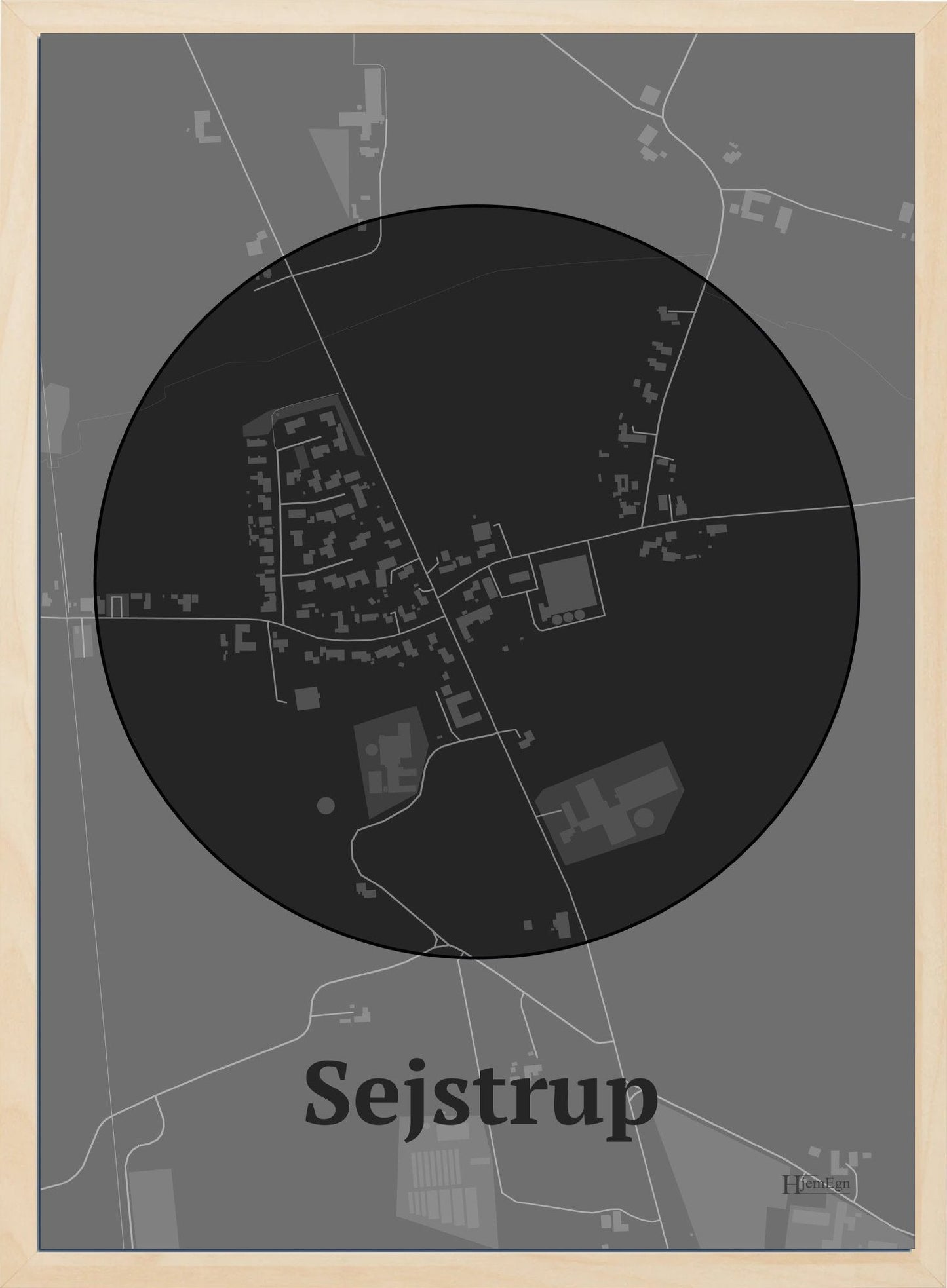 Sejstrup plakat i farve mørk grå og HjemEgn.dk design centrum. Design bykort for Sejstrup