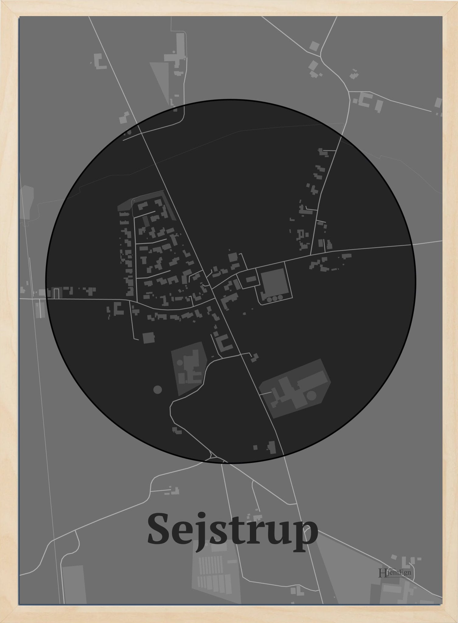 Sejstrup plakat i farve mørk grå og HjemEgn.dk design centrum. Design bykort for Sejstrup