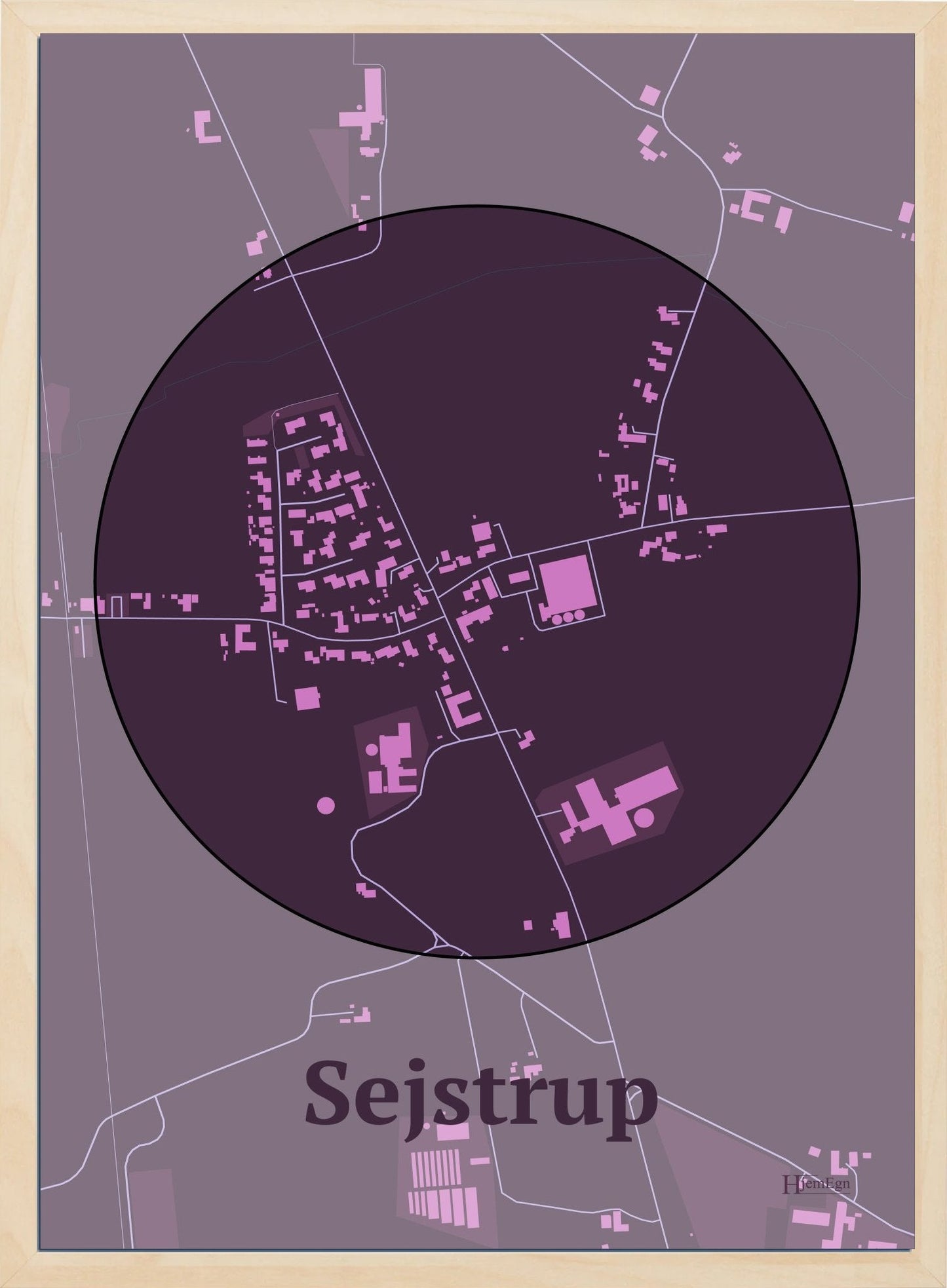 Sejstrup plakat i farve mørk rød og HjemEgn.dk design centrum. Design bykort for Sejstrup