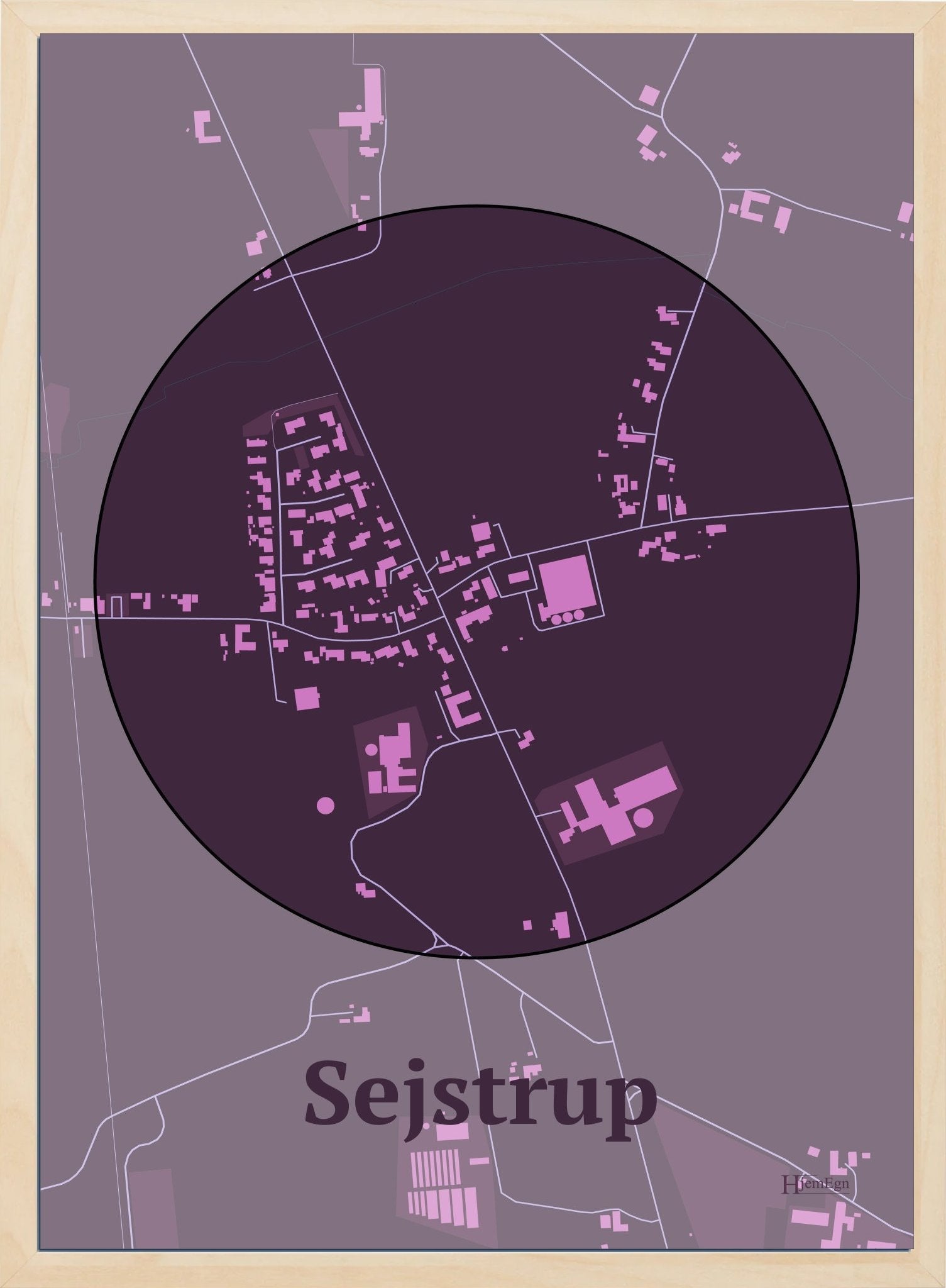 Sejstrup plakat i farve mørk rød og HjemEgn.dk design centrum. Design bykort for Sejstrup