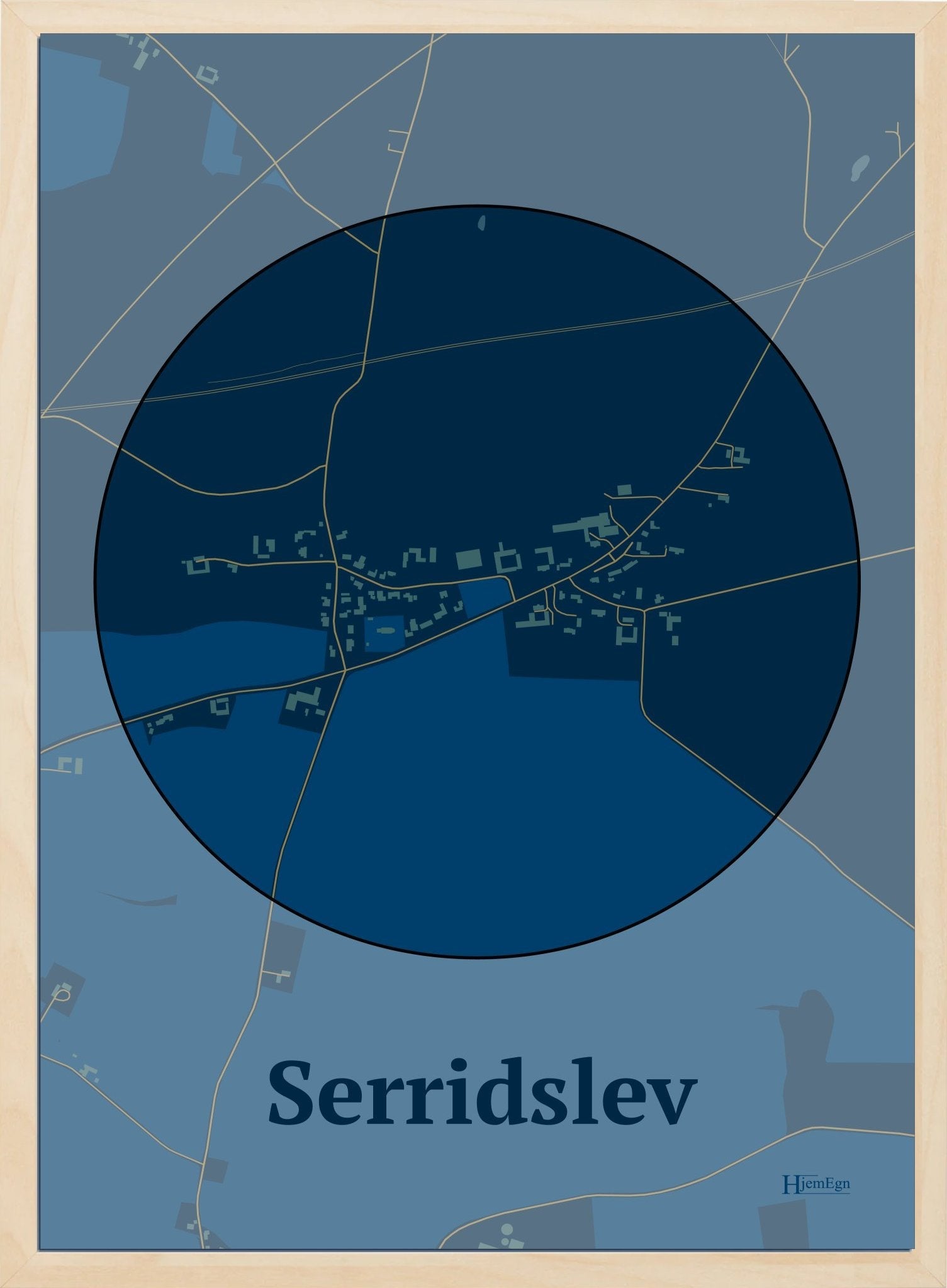 Serridslev plakat i farve mørk blå og HjemEgn.dk design centrum. Design bykort for Serridslev