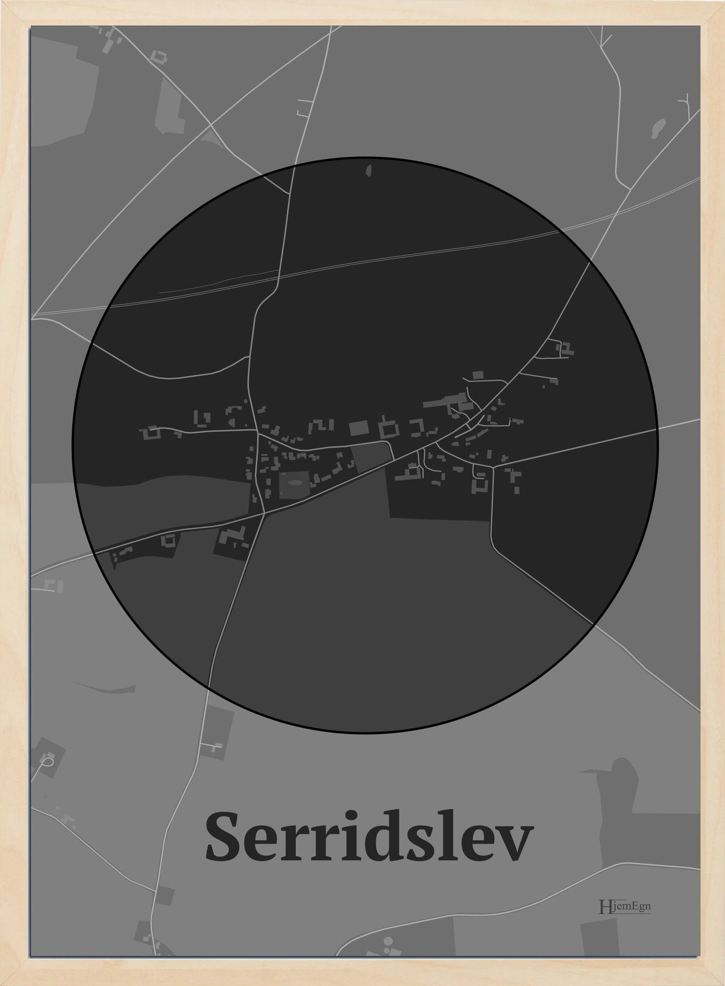 Serridslev plakat i farve mørk grå og HjemEgn.dk design centrum. Design bykort for Serridslev