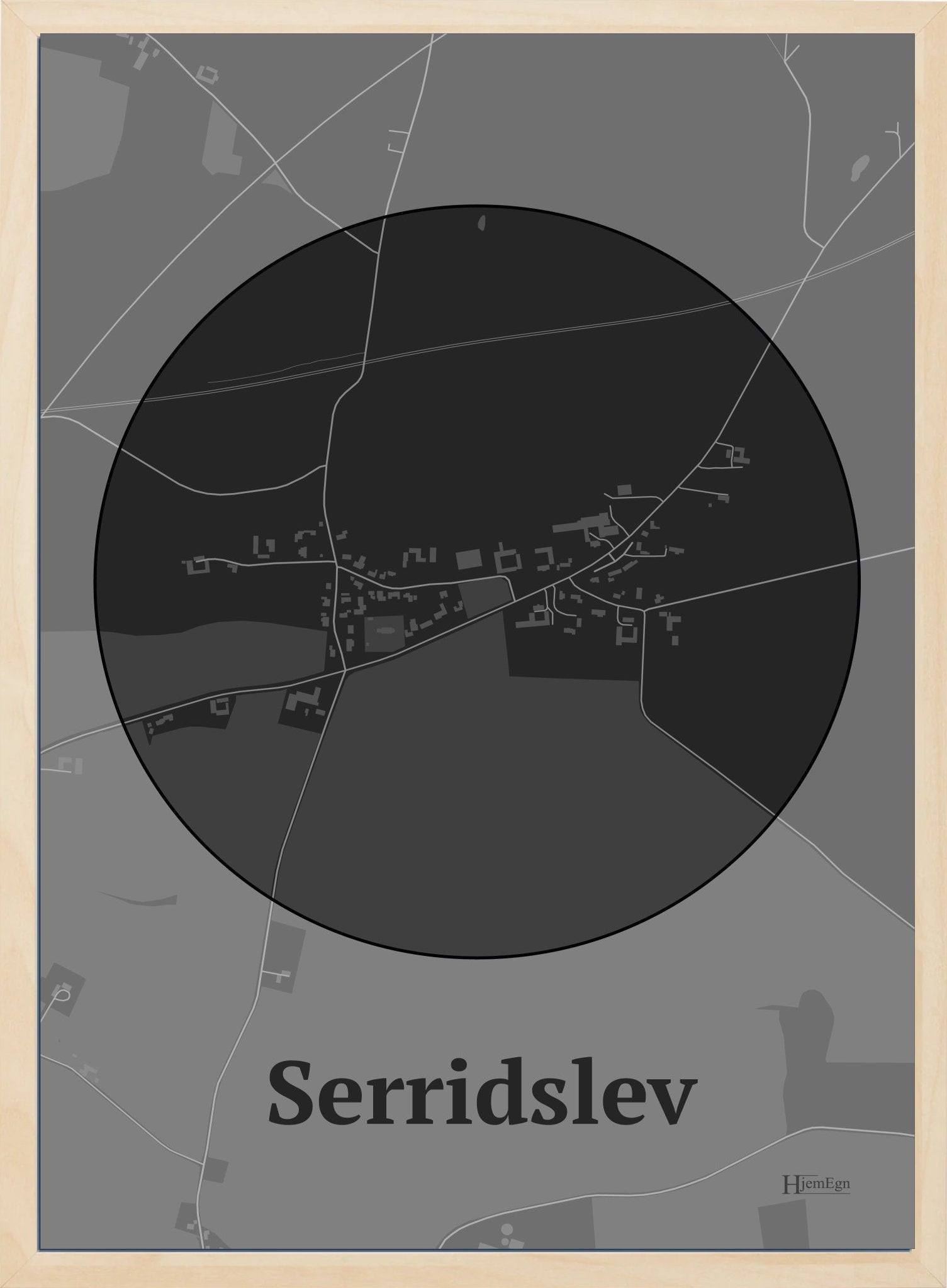 Serridslev plakat i farve mørk grå og HjemEgn.dk design centrum. Design bykort for Serridslev
