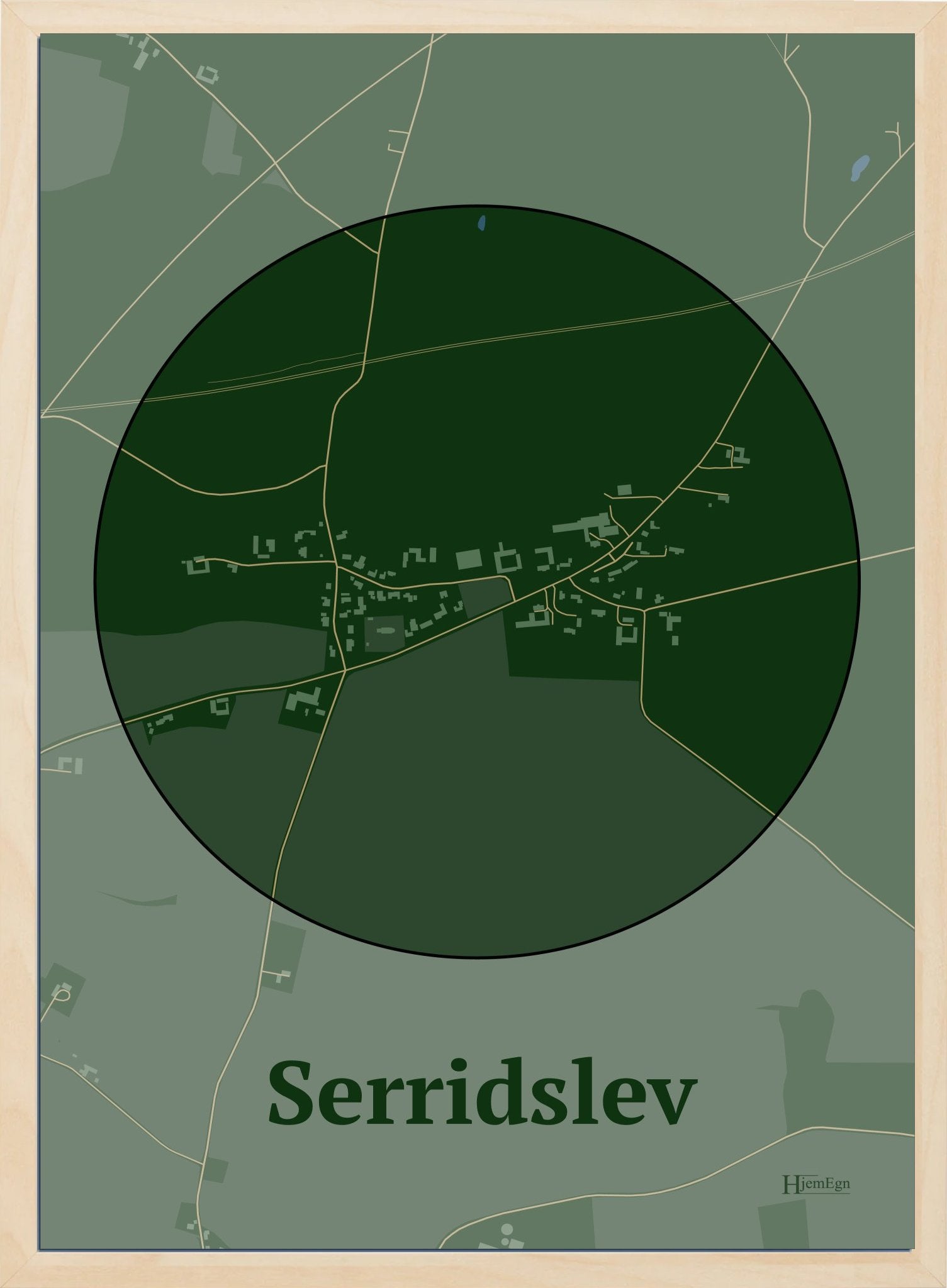 Serridslev plakat i farve mørk grøn og HjemEgn.dk design centrum. Design bykort for Serridslev