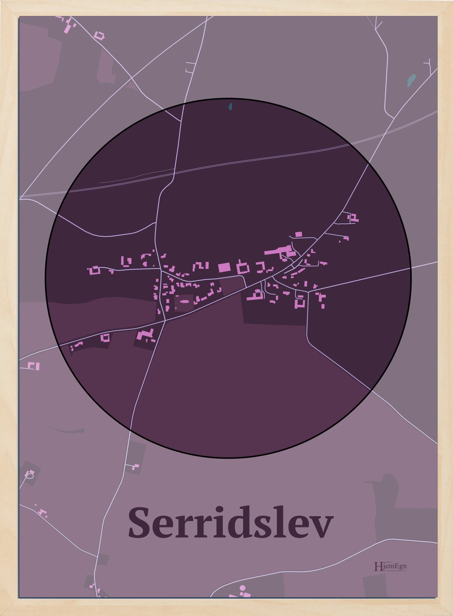 Serridslev plakat i farve mørk rød og HjemEgn.dk design centrum. Design bykort for Serridslev