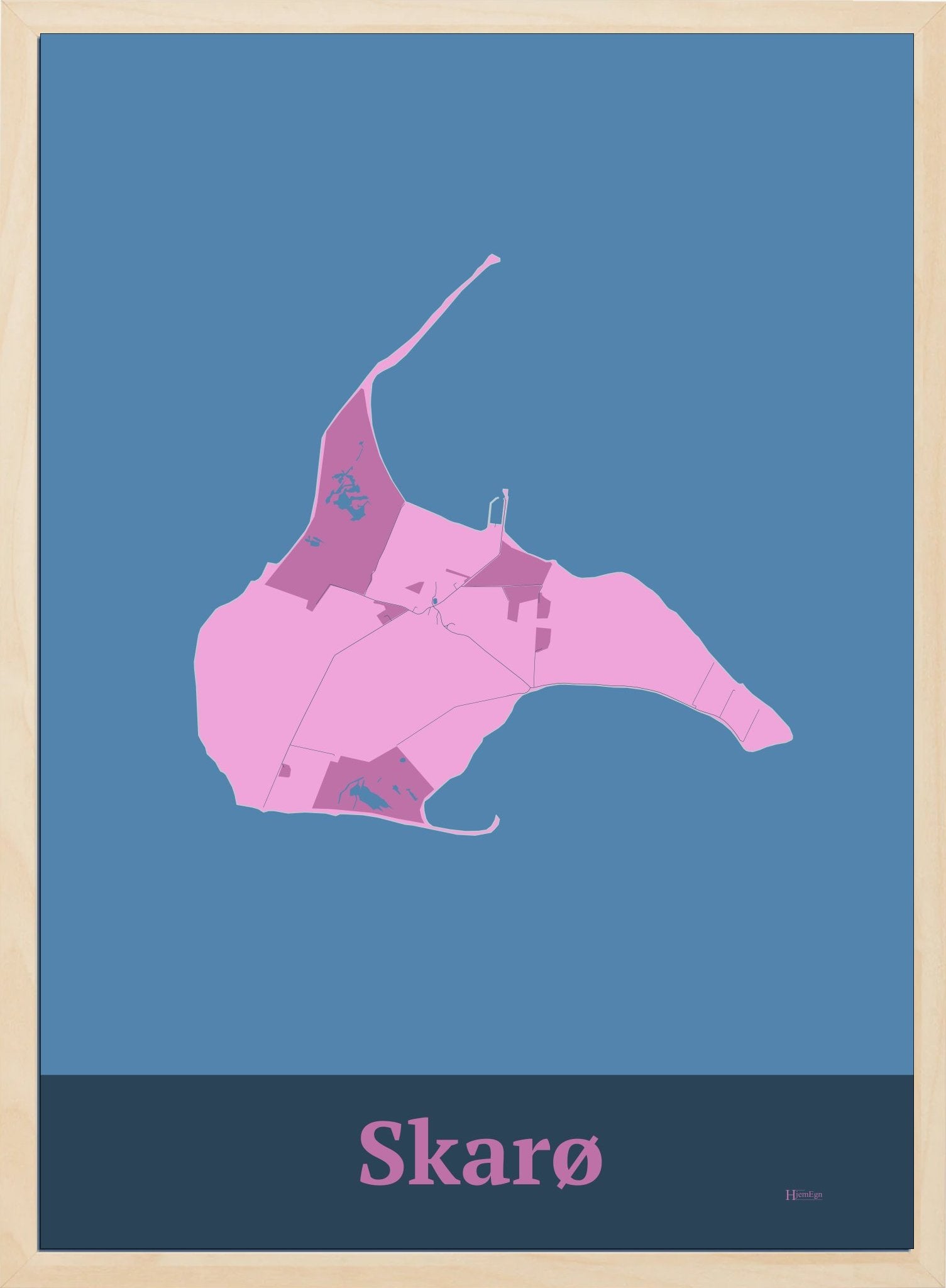 Skarø plakat i farve pastel rød og HjemEgn.dk design firkantet. Design ø-kort for Skarø
